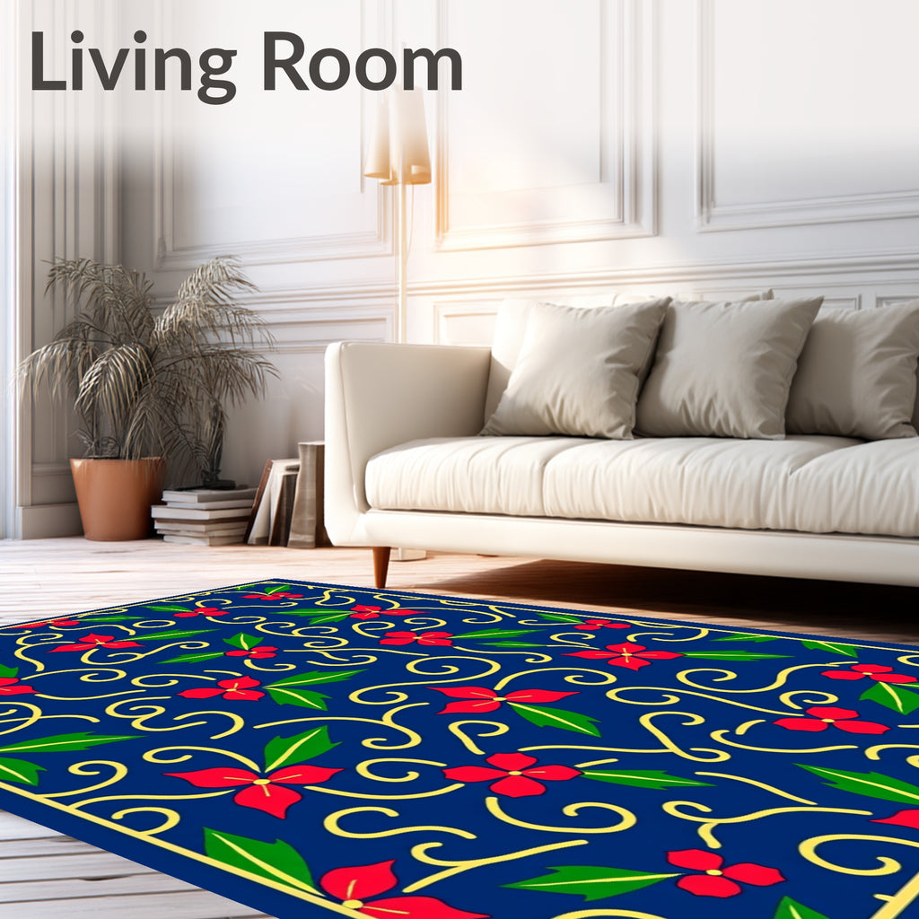Navy Red Floral Swirl Botanical Rug