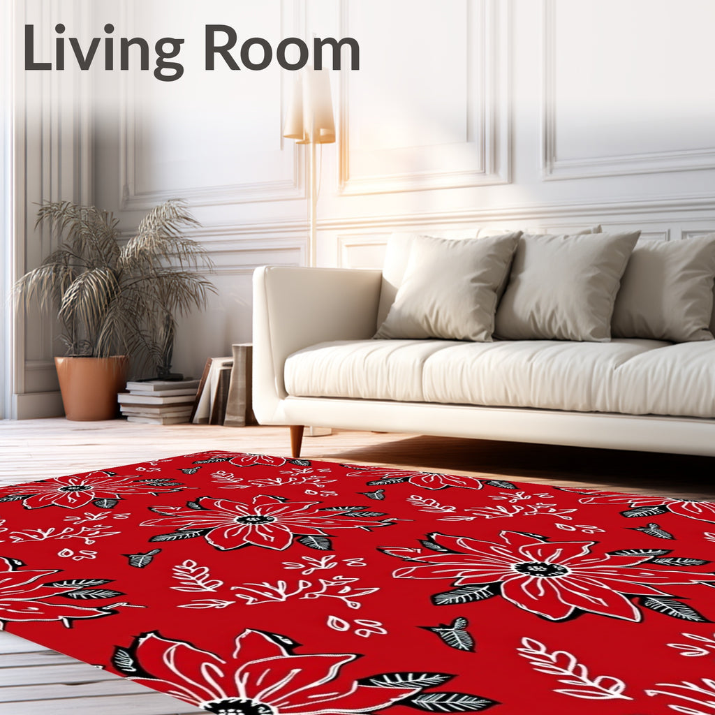 Bold Red White Floral Foliage Rug
