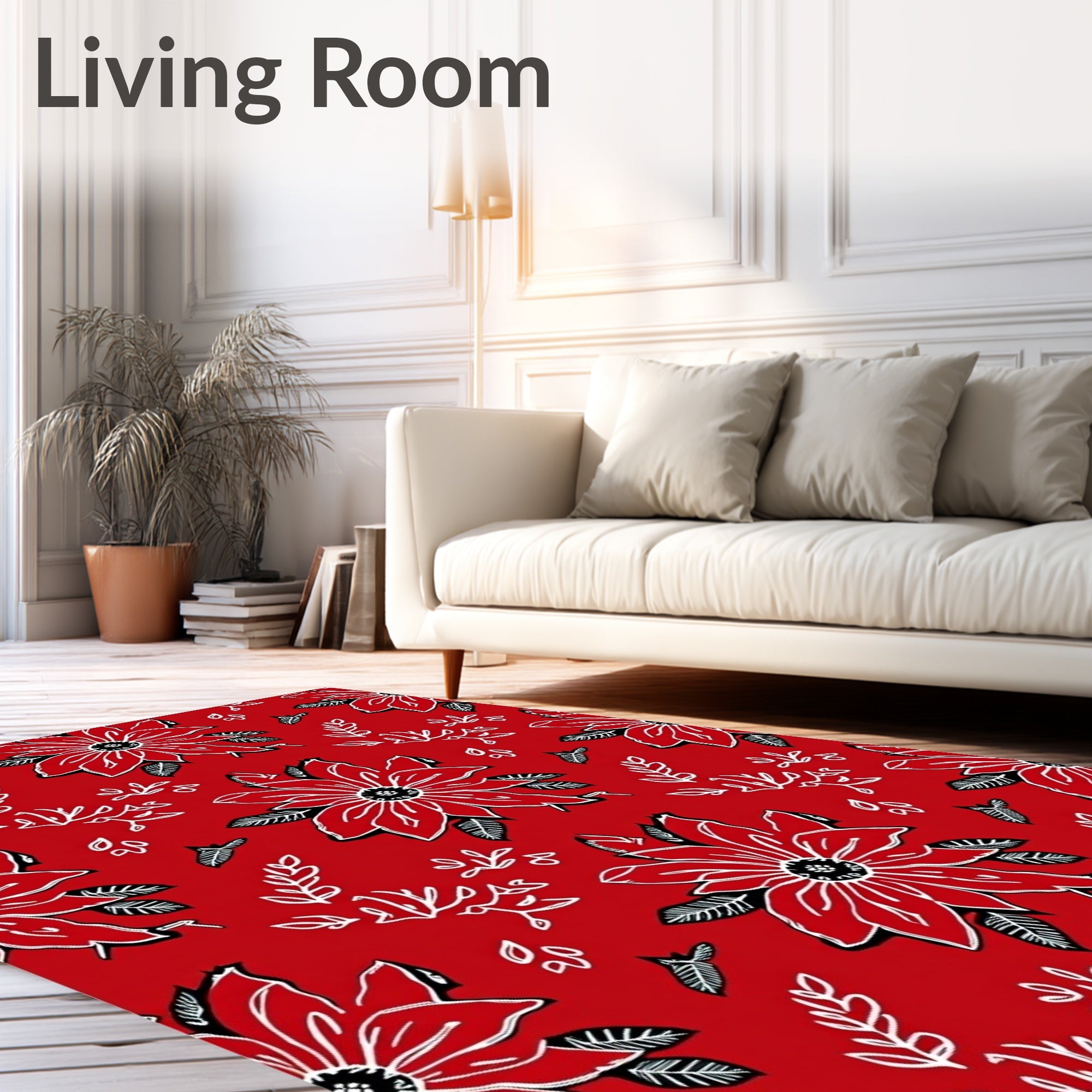 Bold Red White Floral Foliage Rug