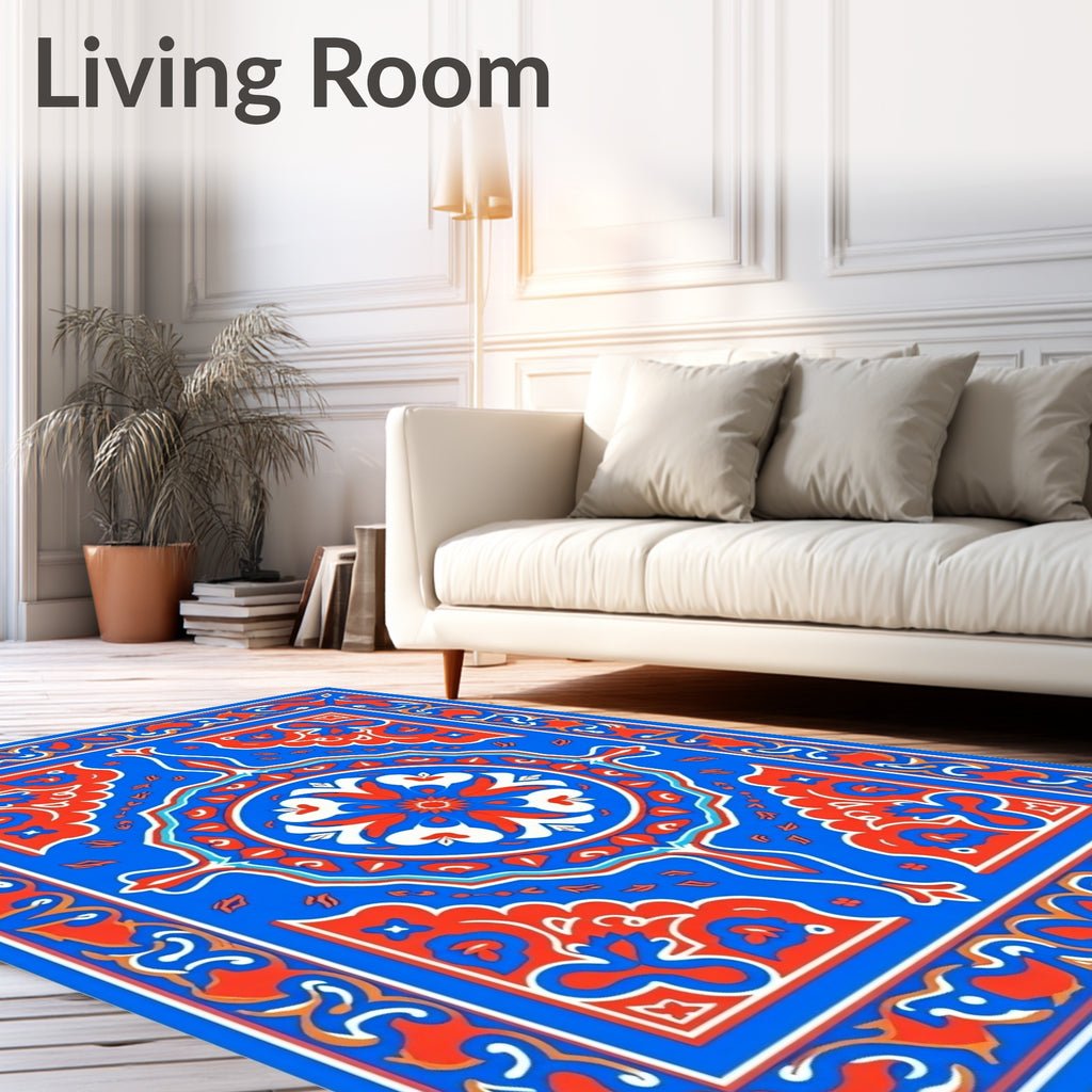 Bold Red Blue Medallion Frame Rug