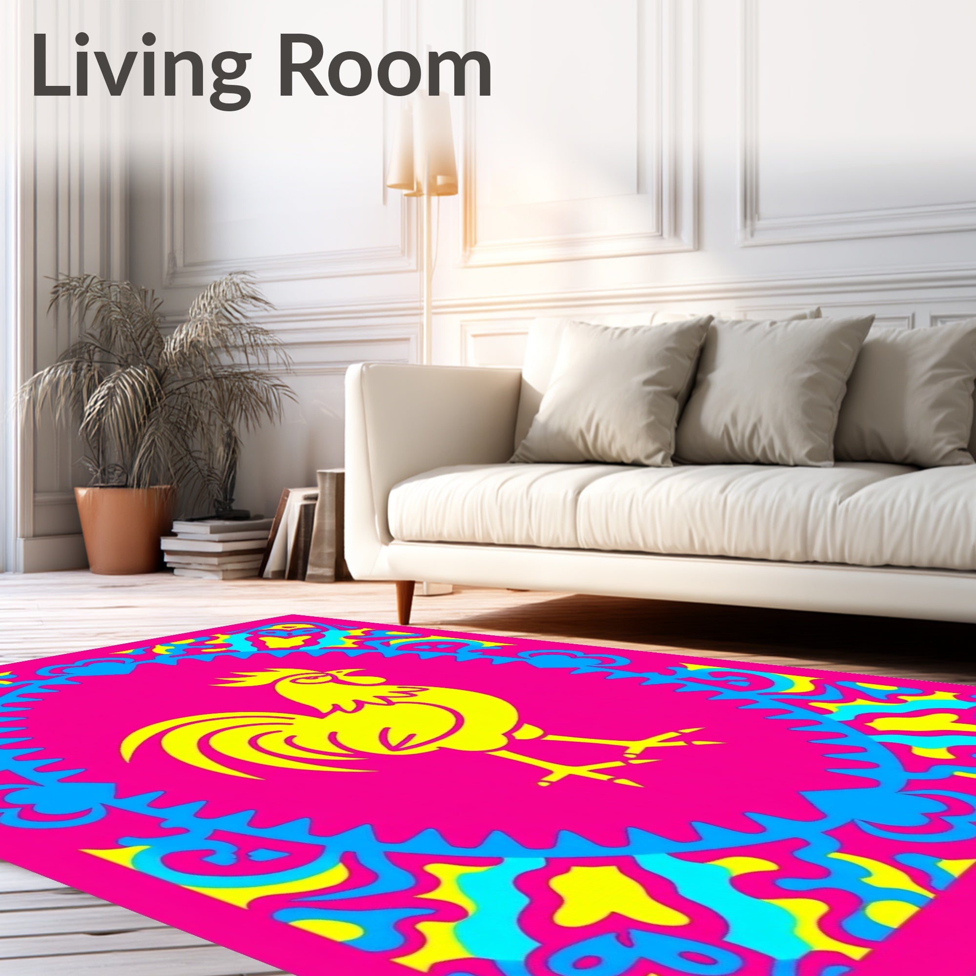 Bold Yellow Rooster Pink Border Rug