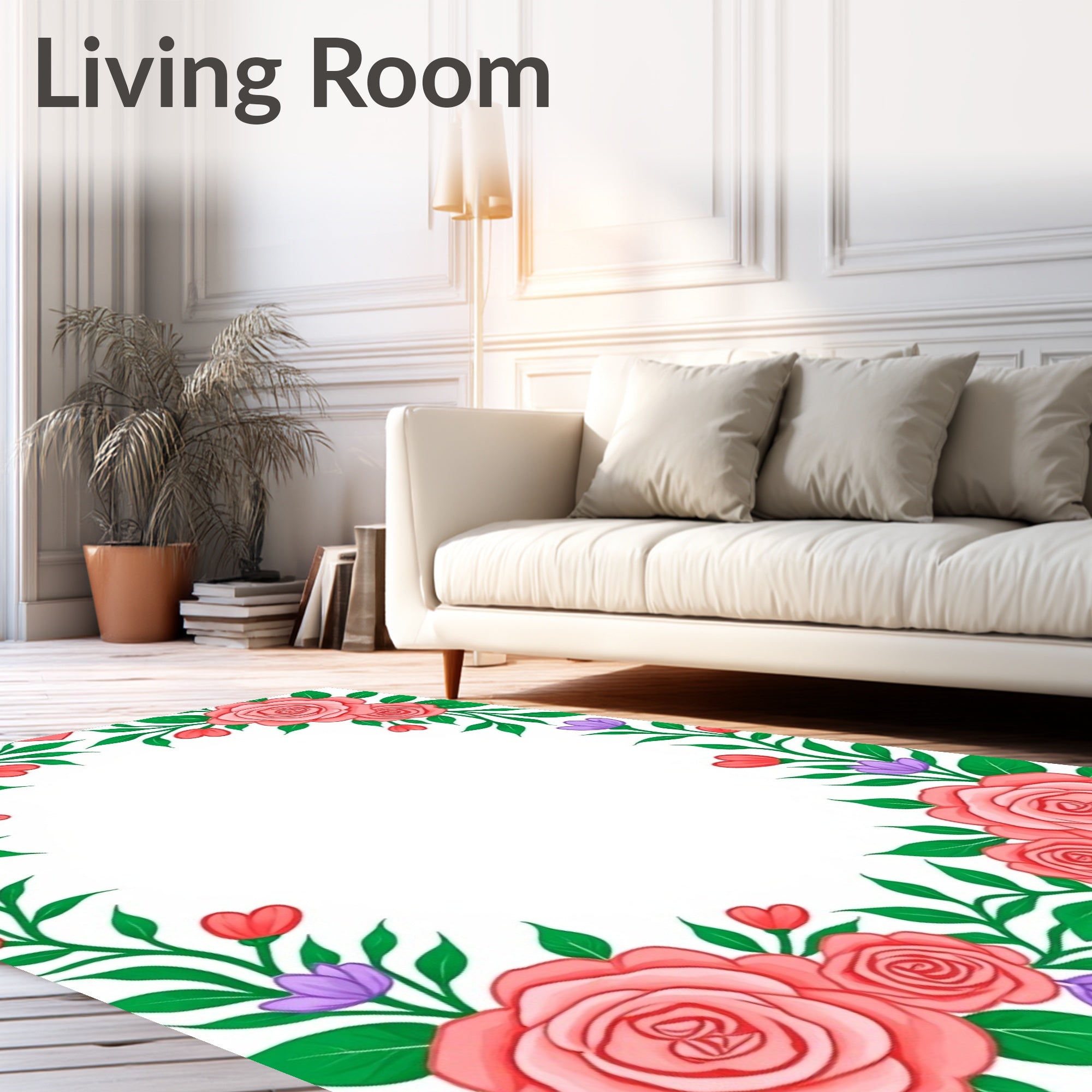 Coral Pink Roses Green Foliage Border Rug