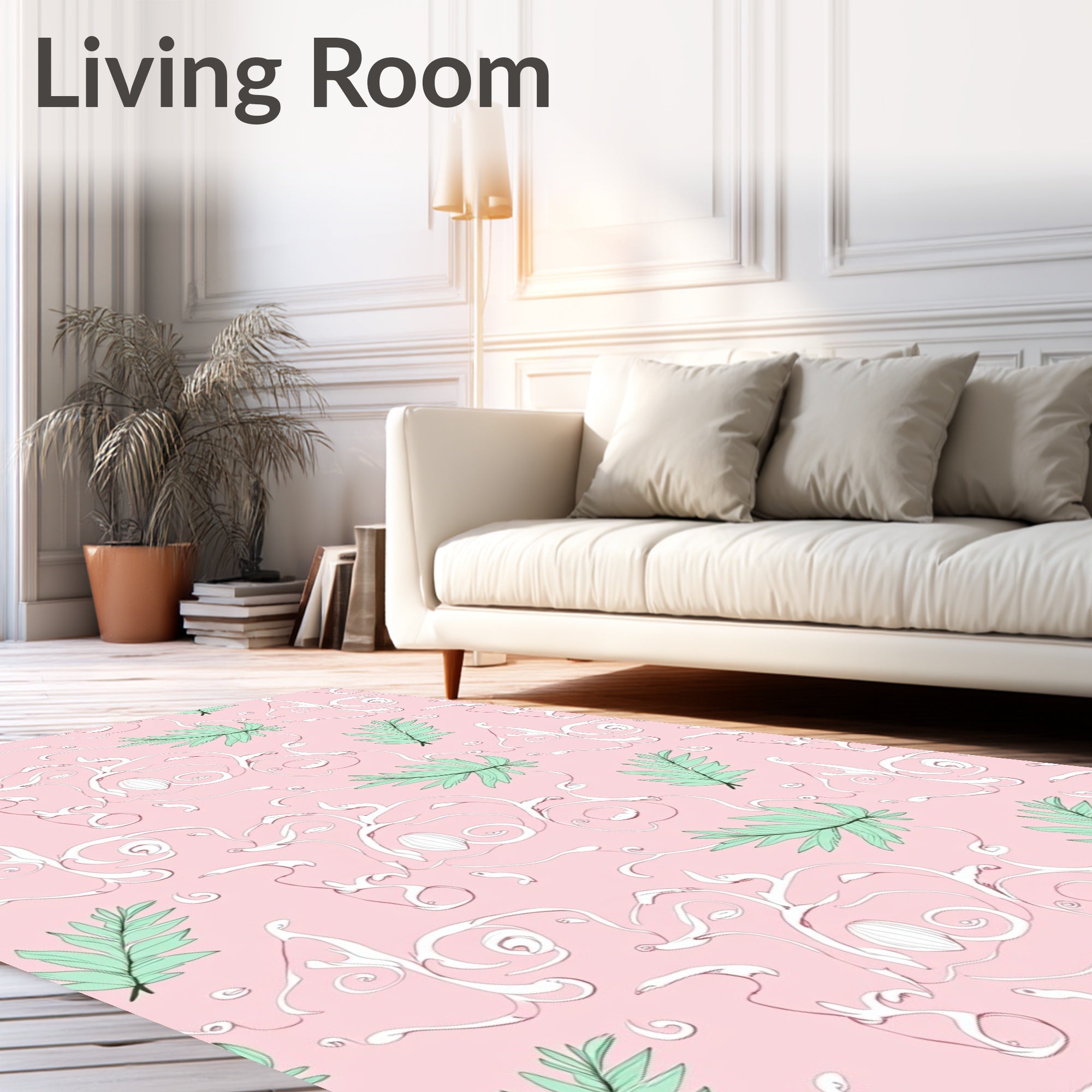 Pink Floral Scroll Leaf Rug