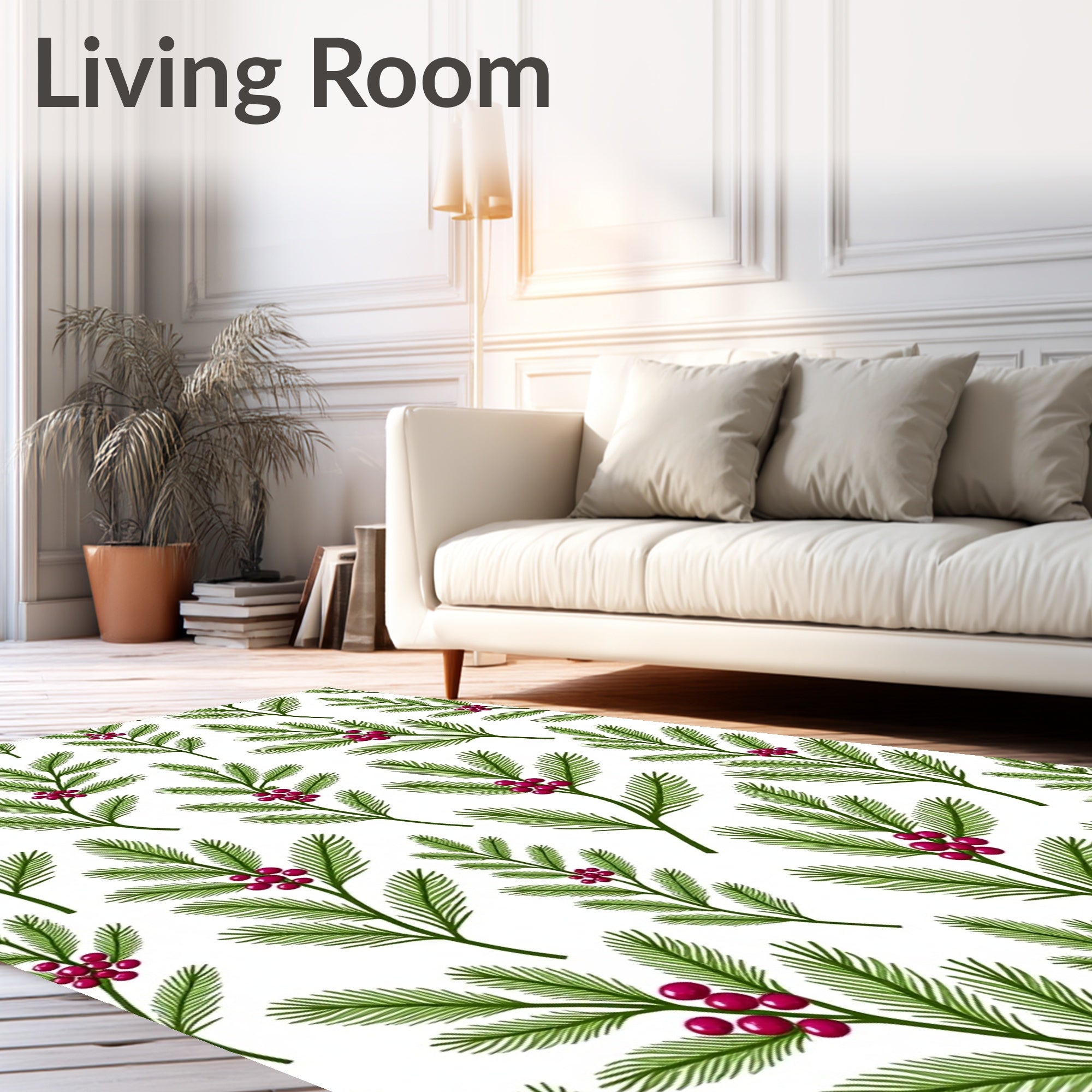 Green Pine Sprigs Crimson Berries Rug