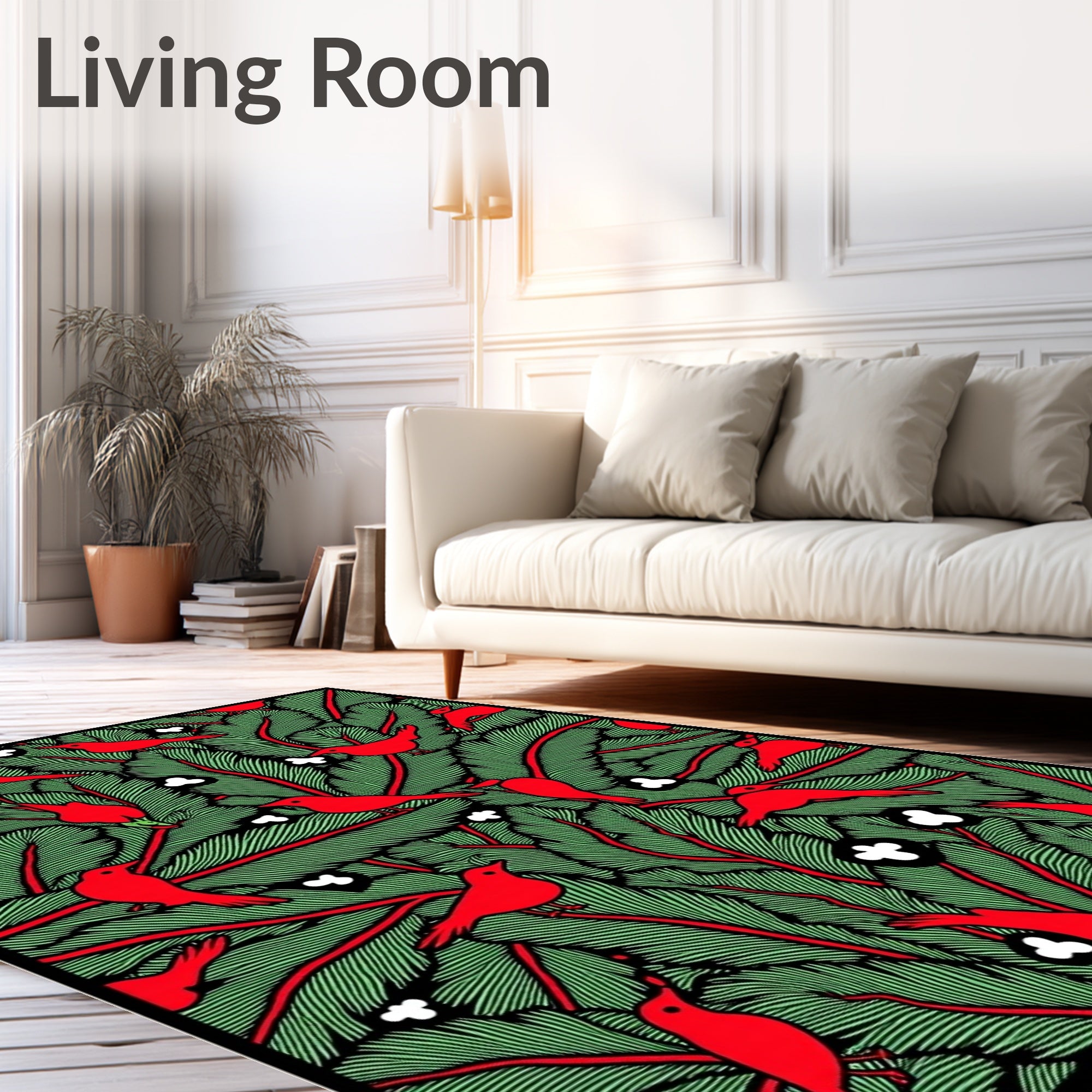 Red Birds Green Foliage Clumps Rug