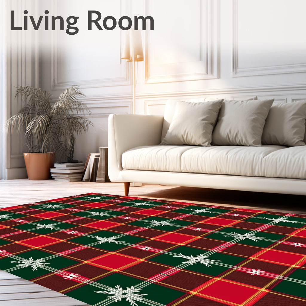 Classic Red Green Plaid Snowflakes Rug