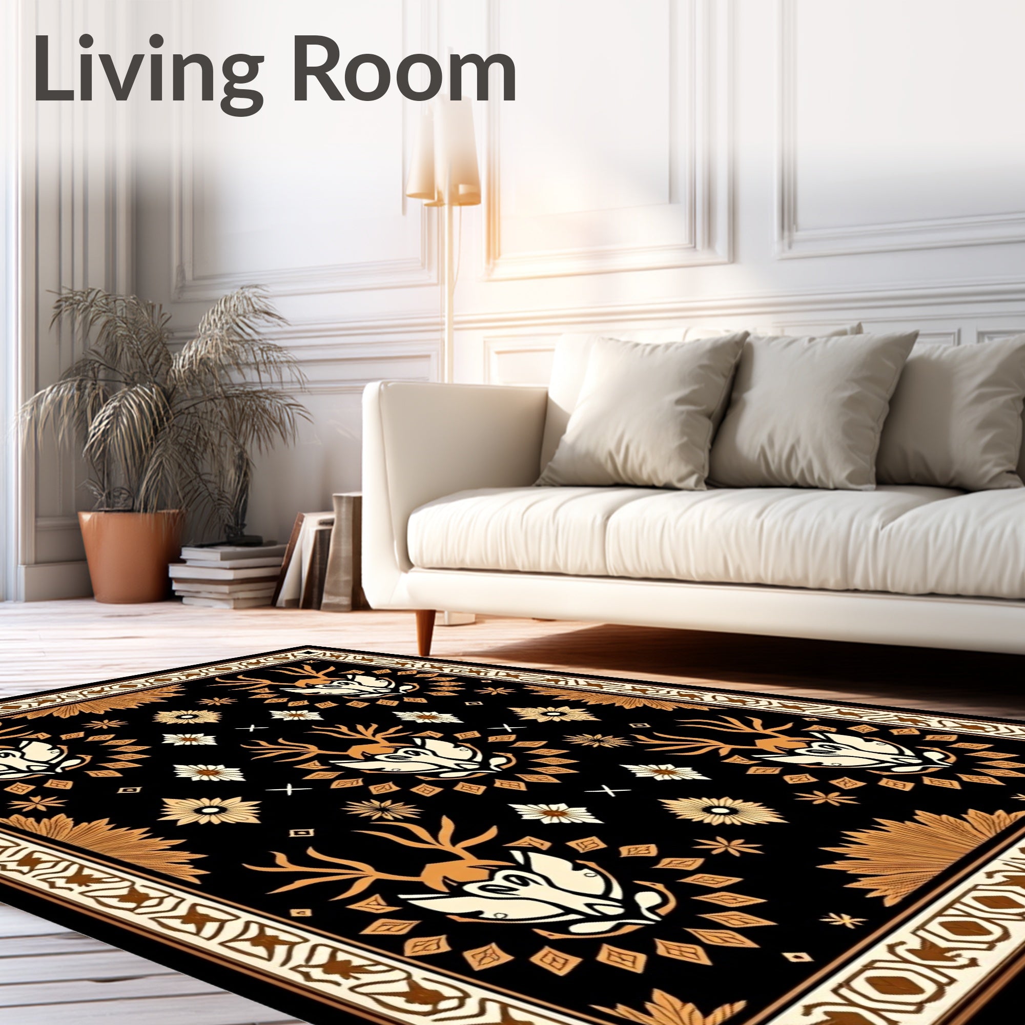 Golden Deer Head Black Medallion Rug