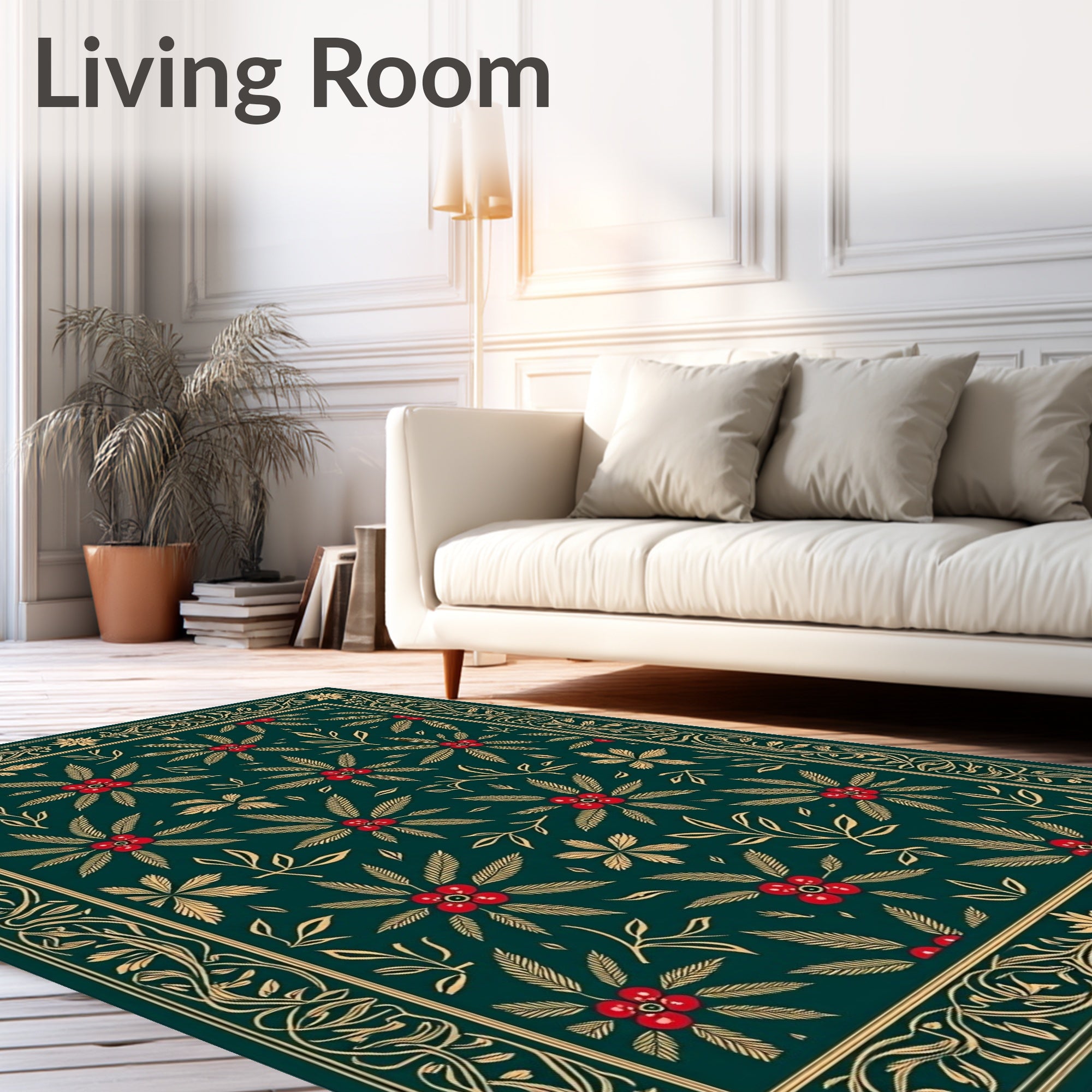 Emerald Green Floral Border Medallion Rug