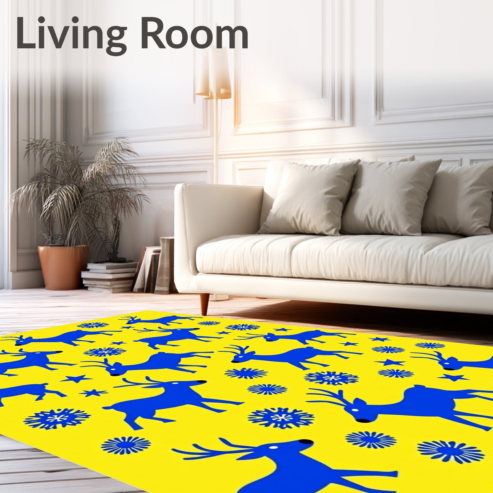 Blue Deer Snowflake Yellow Background Rug