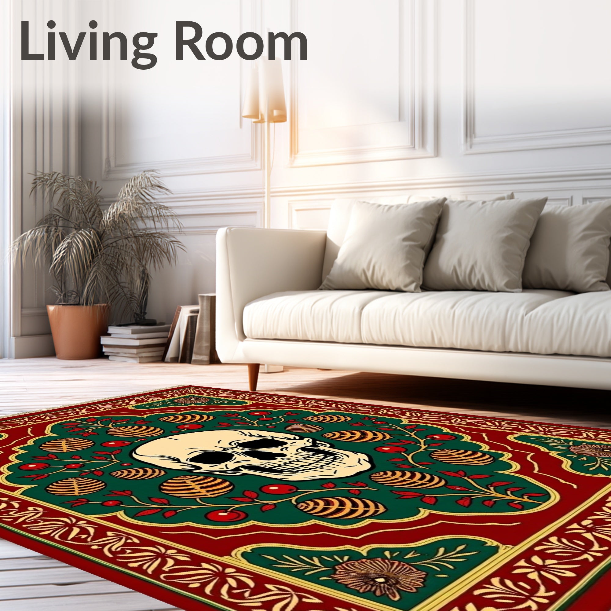 Red Green Skull Botanical Medallion Rug