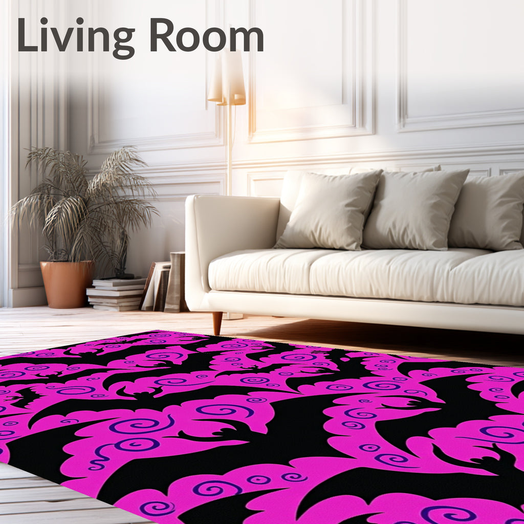Vibrant Pink Bat Swirls Black Rug