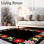 Bold Black Floral Border Medallion Rug