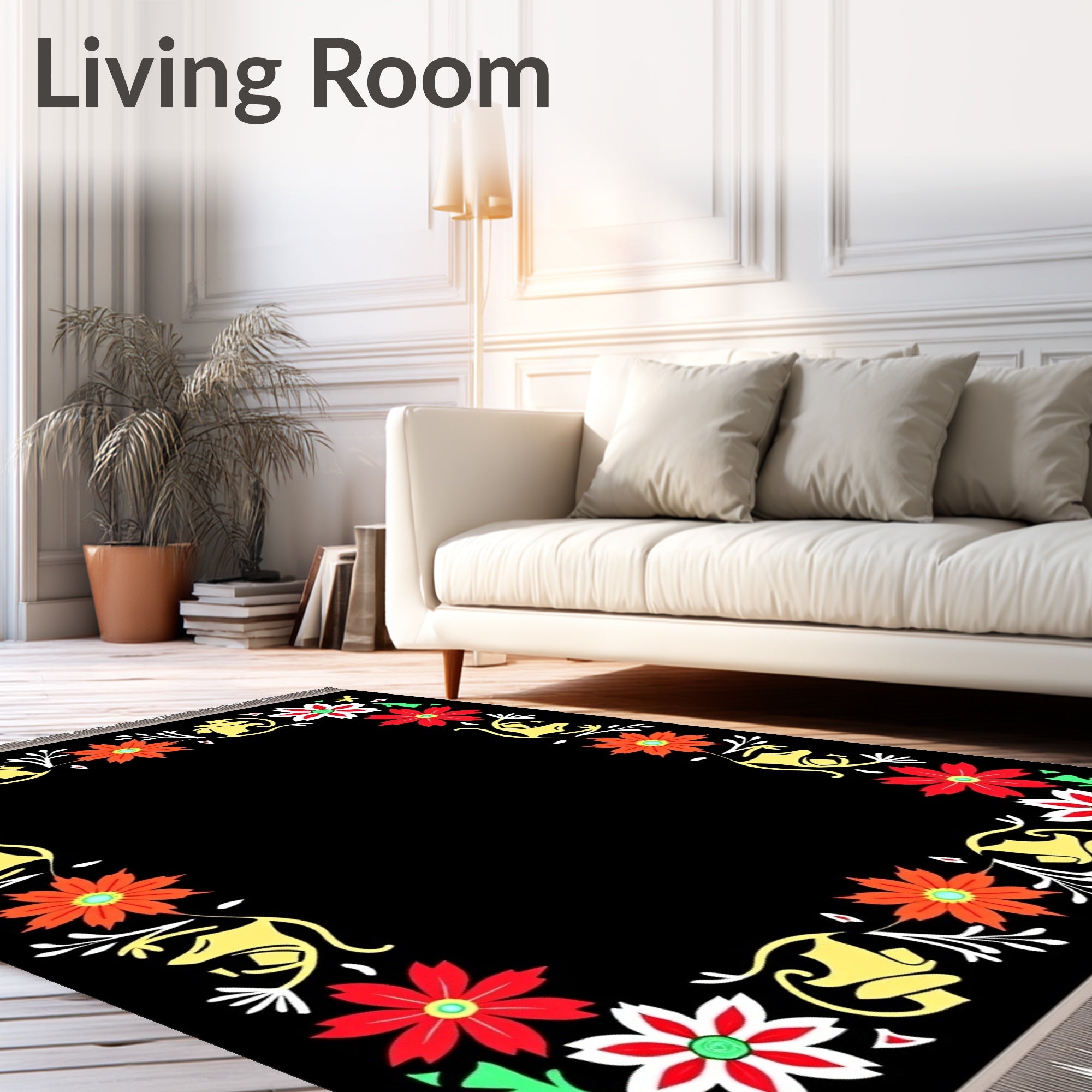 Bold Black Floral Border Medallion Rug