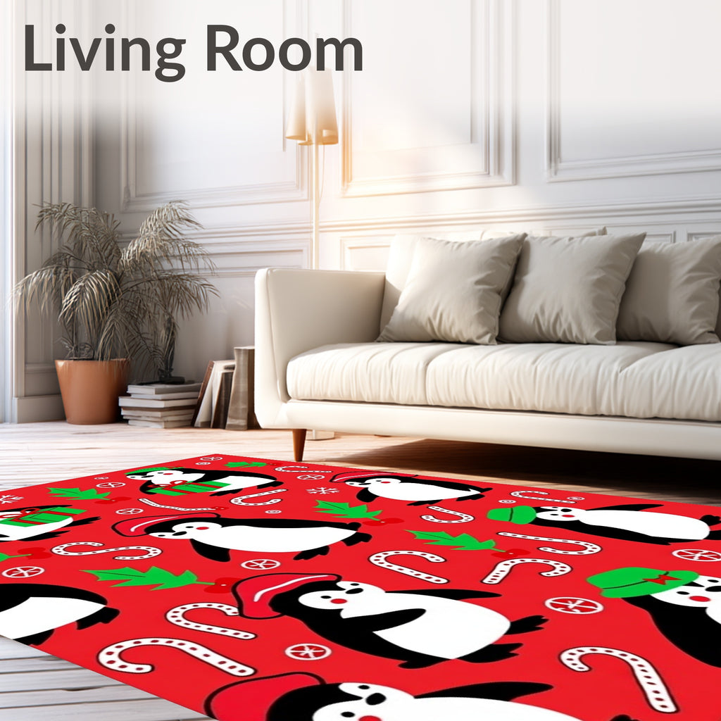 Christmas Penguins Candy Cane Holly Medley Rug