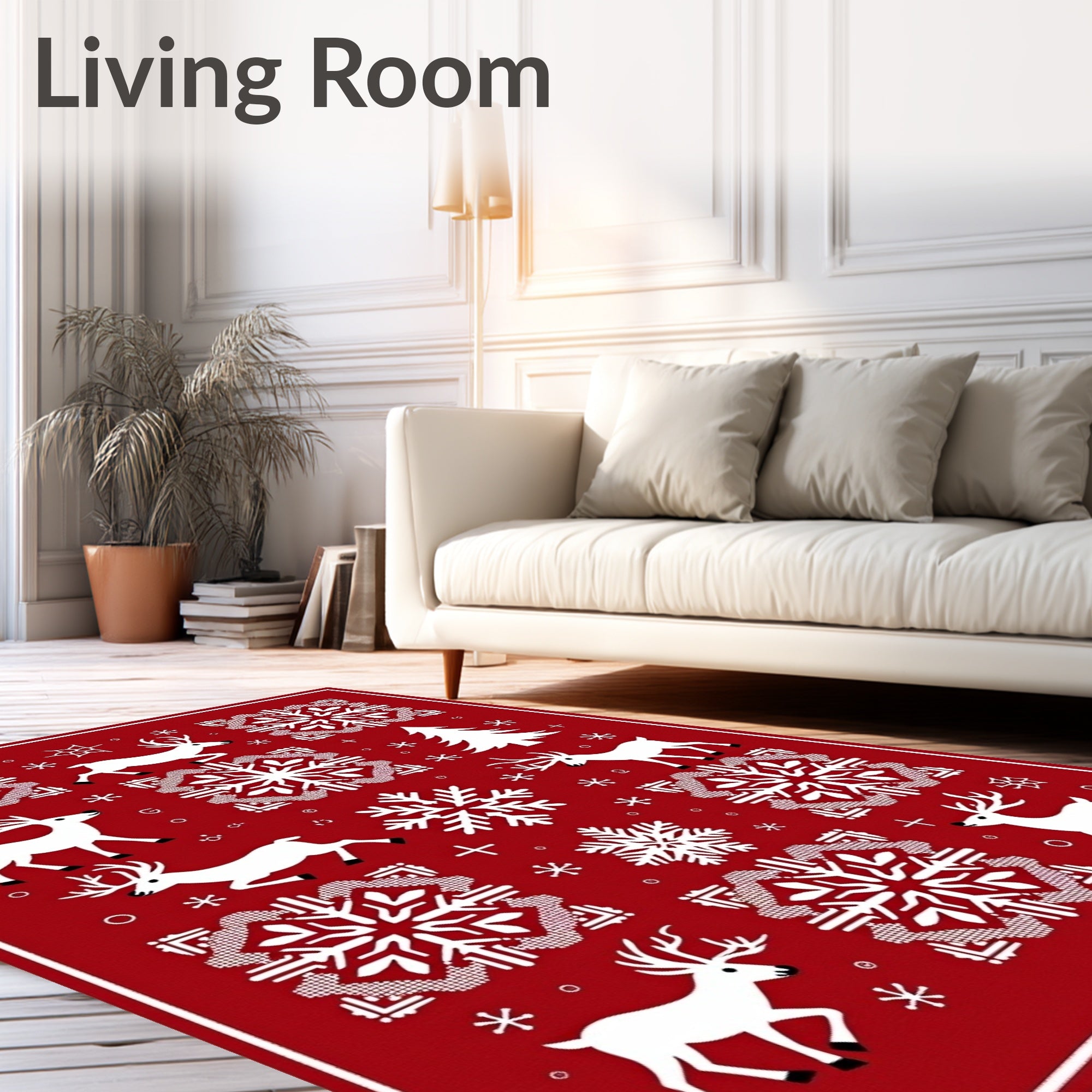Red White Festive Reindeer Snowflake Rug