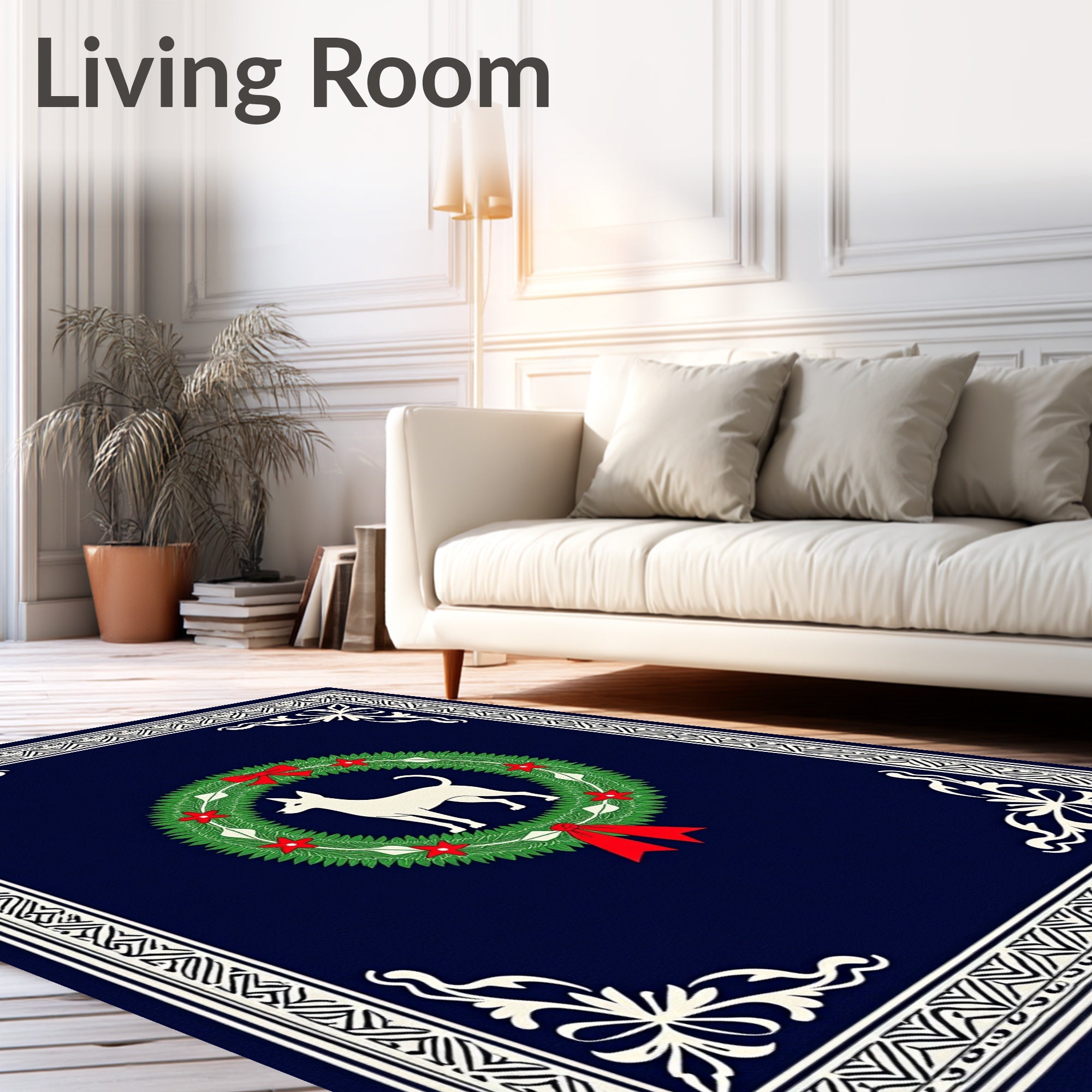 Navy Blue Wreath Dog Festive Border Rug