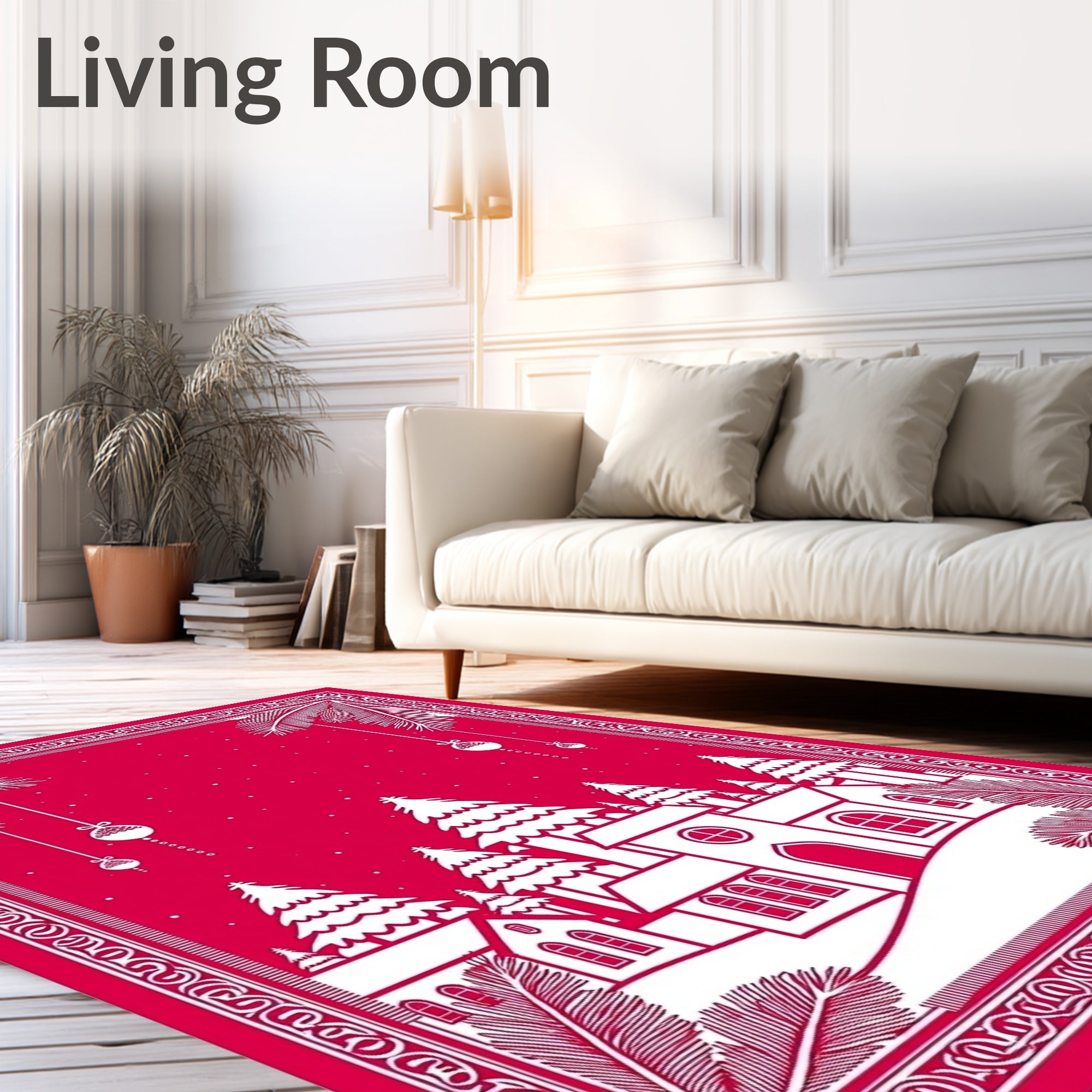 Crimson Christmas Village Evergreen Scene Rug