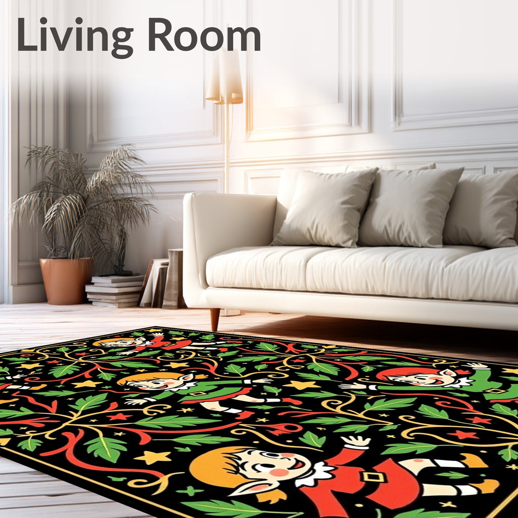 Festive Elf Swirl Foliage Black Rug