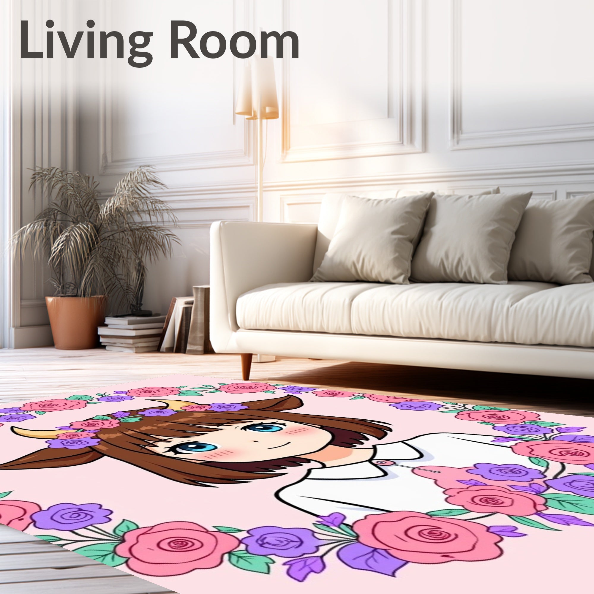 Anime Girl Pink Purple Floral Wreath Rug