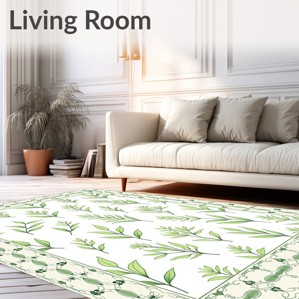 Light Green Leafy Border Botanical Rug