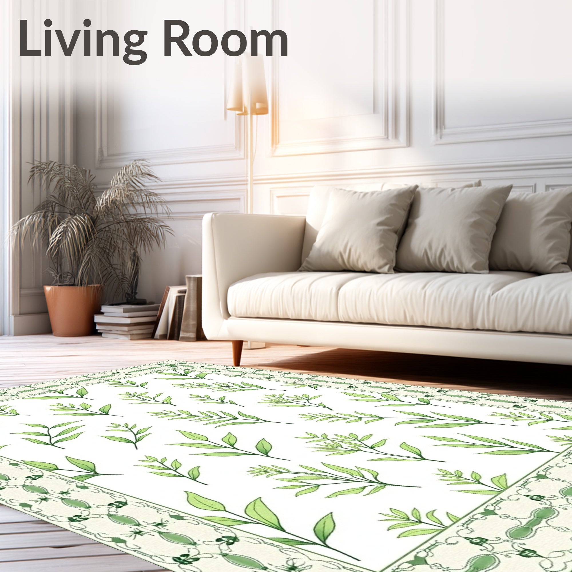Light Green Leafy Border Botanical Rug