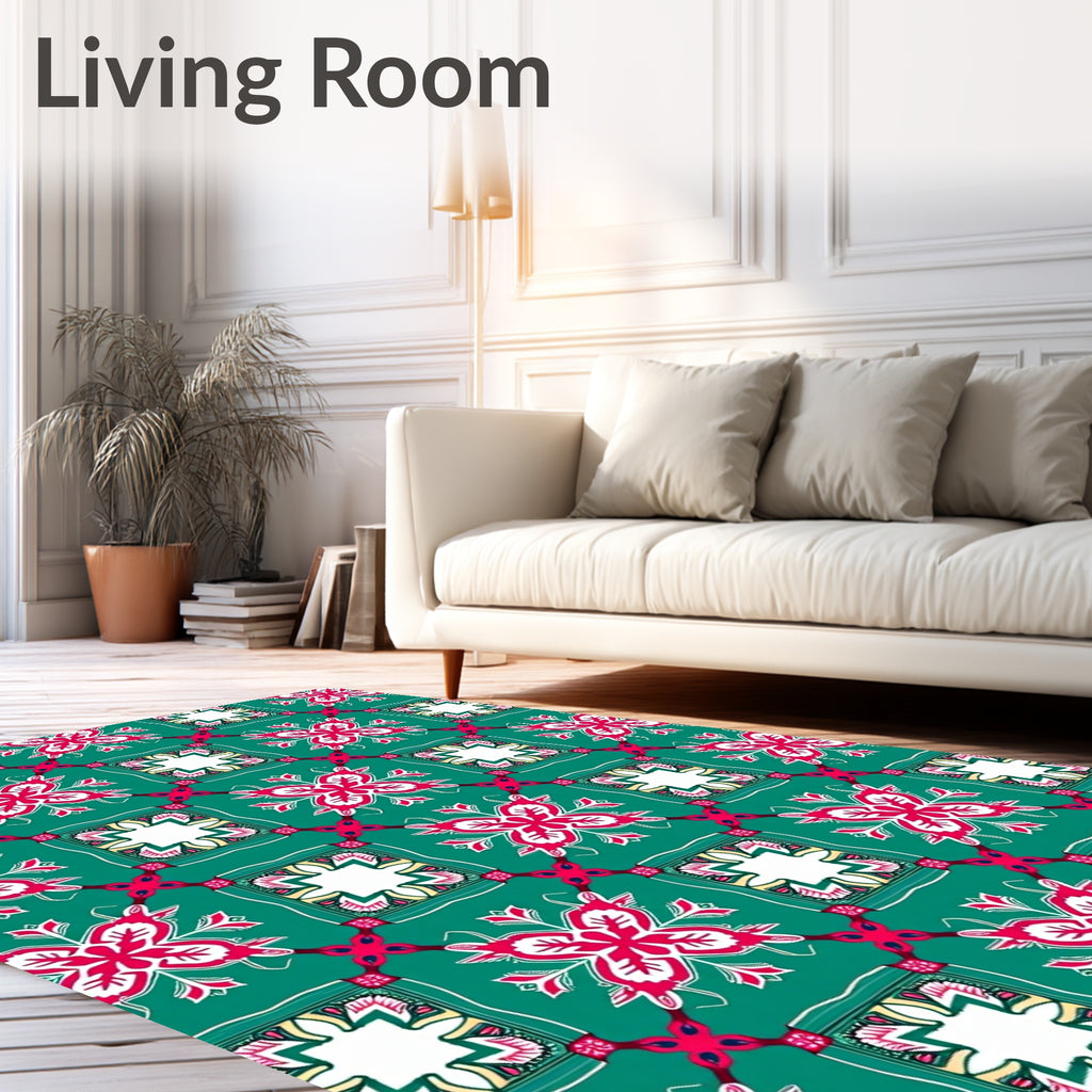 Teal Red White Floral Medallion Tile Rug