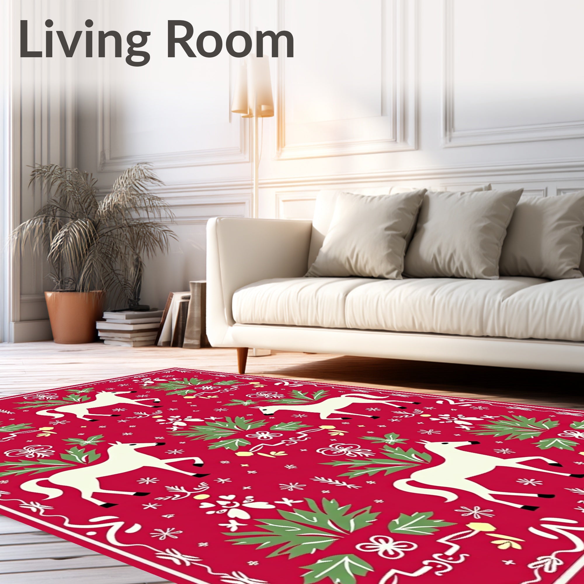 Red White Horse Garden Folk Art Rug
