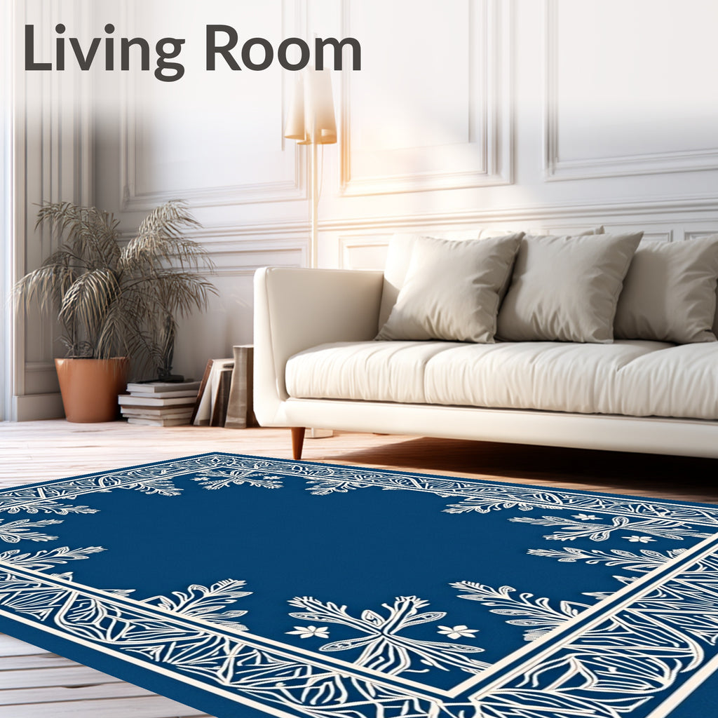 Navy White Intricate Floral Border Rug