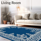 Navy White Intricate Floral Border Rug