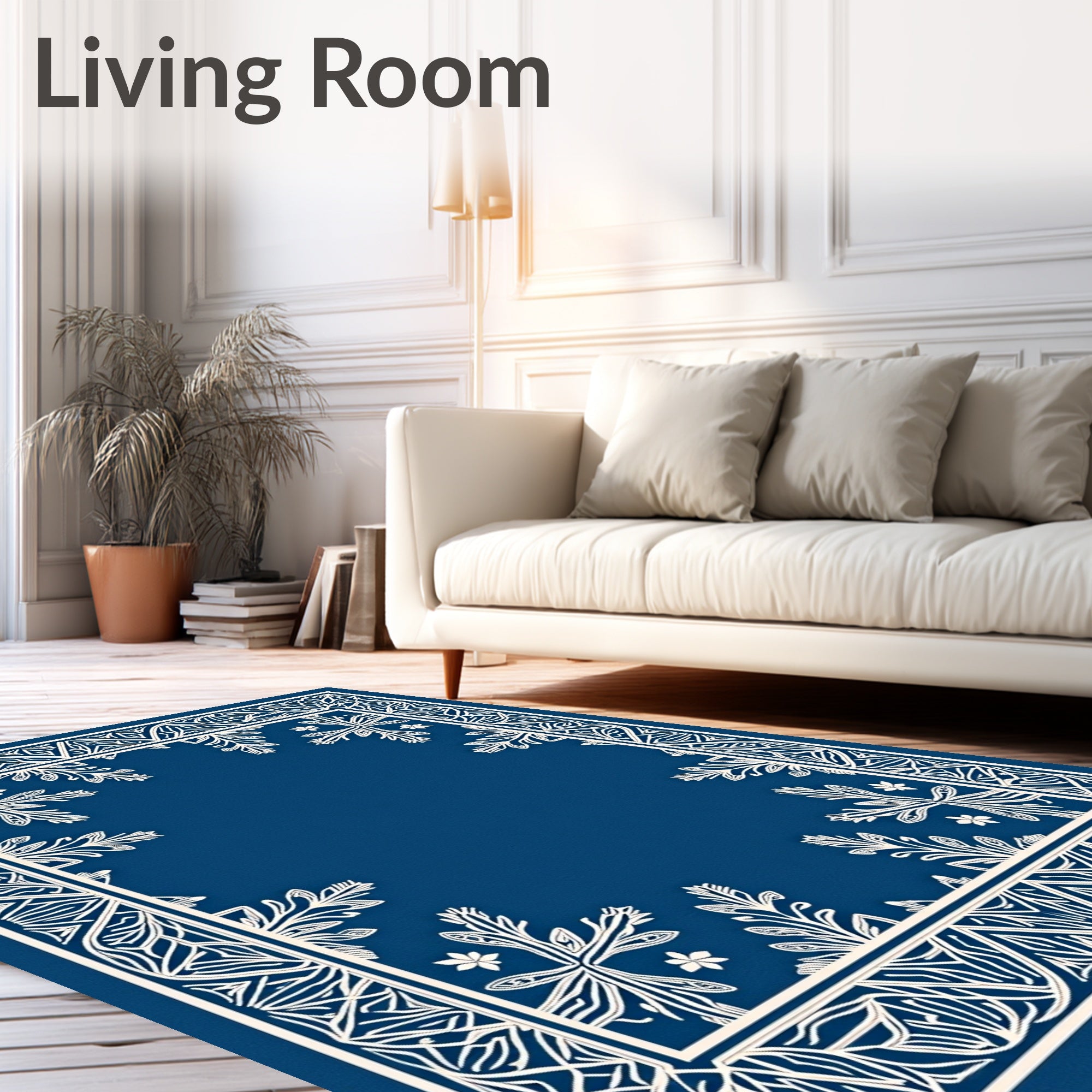 Navy White Intricate Floral Border Rug