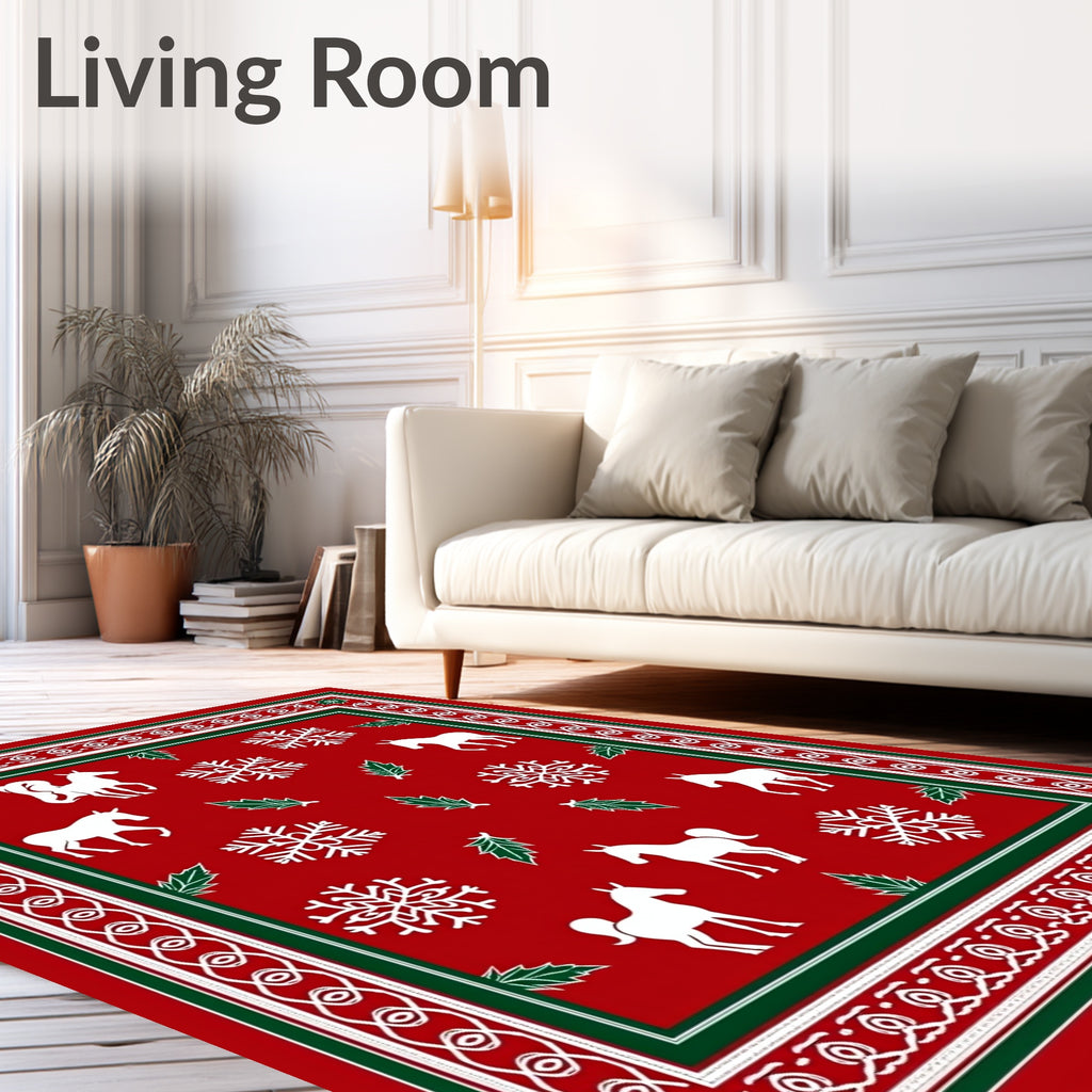 Red White Snowflake Horse Border Rug
