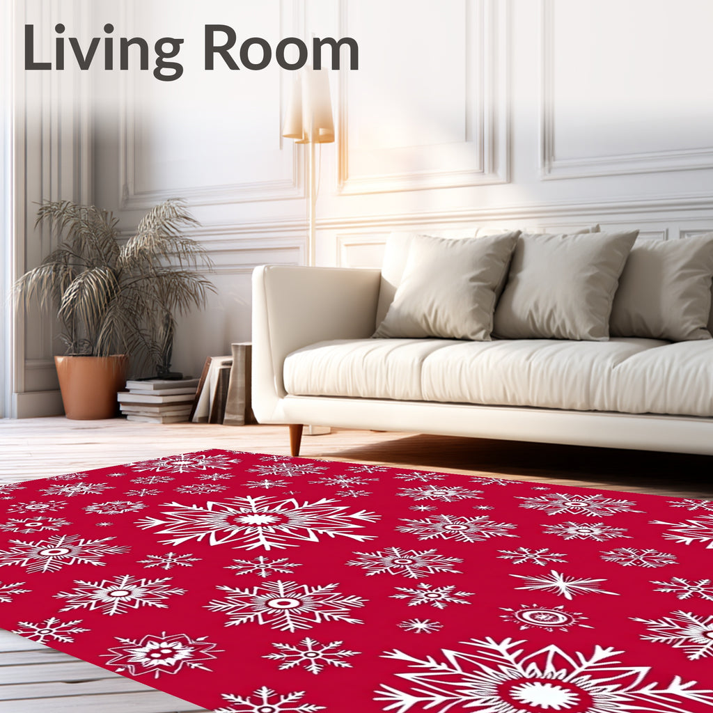 Crimson Red White Snowflake Collage Rug