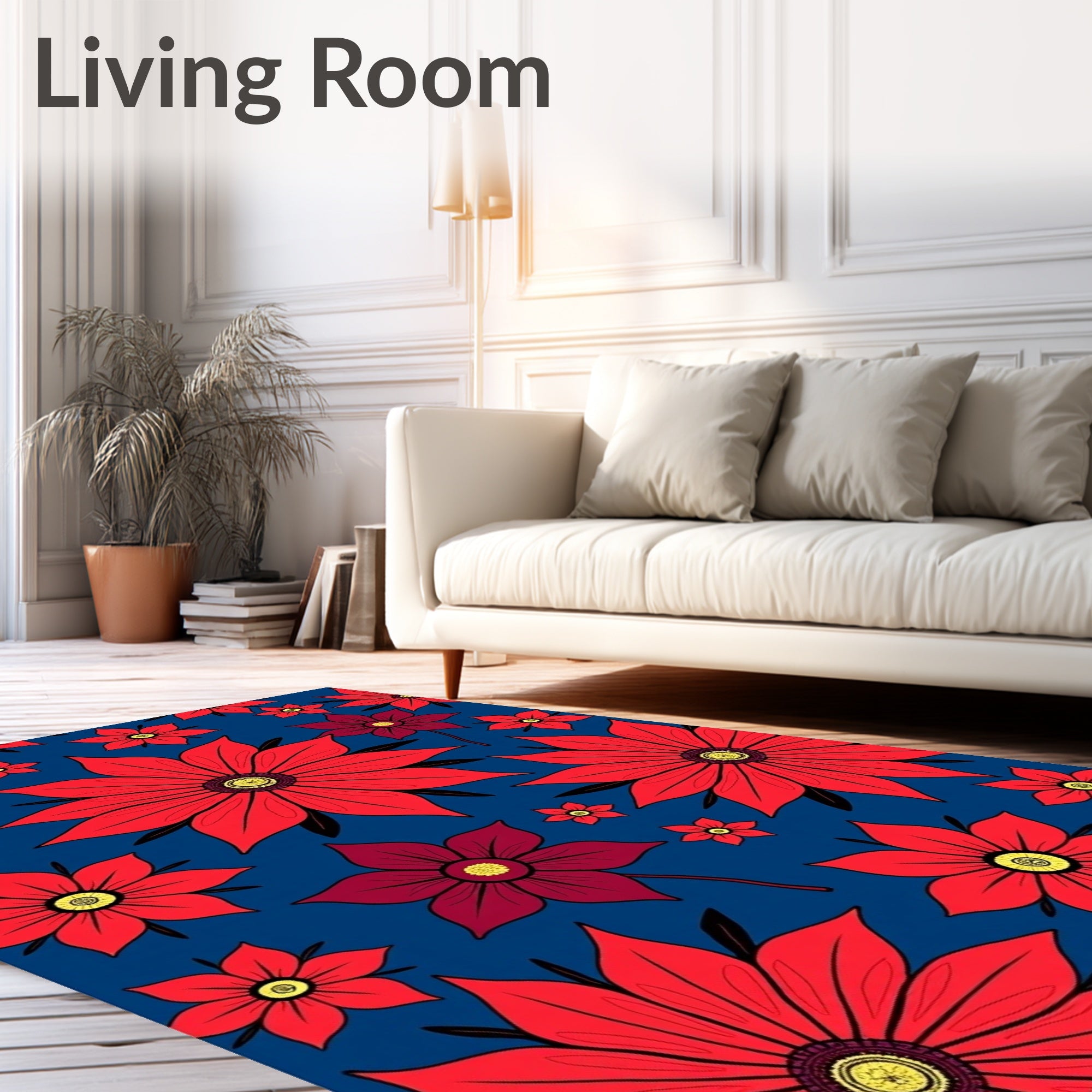 Bright Red Floral Collage Navy Rug