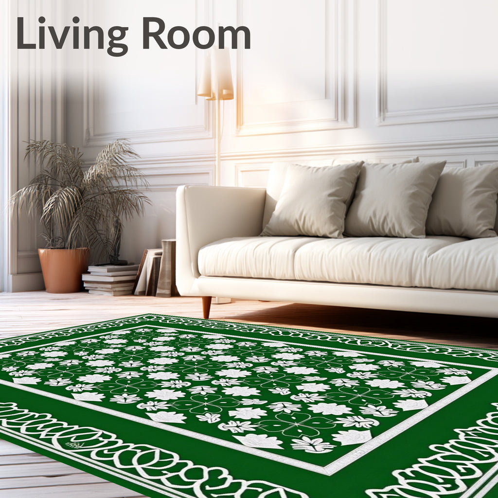 Emerald Green White Floral Lattice Border Rug