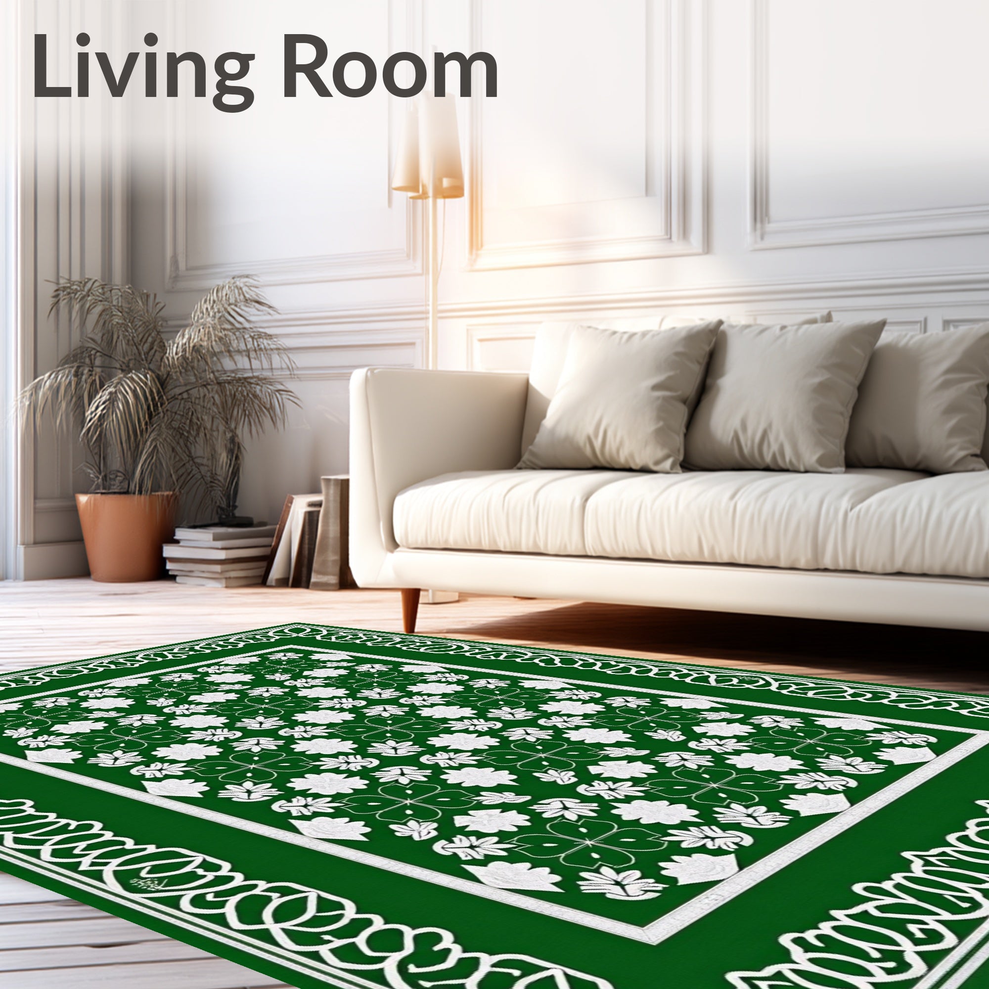 Emerald Green White Floral Lattice Border Rug