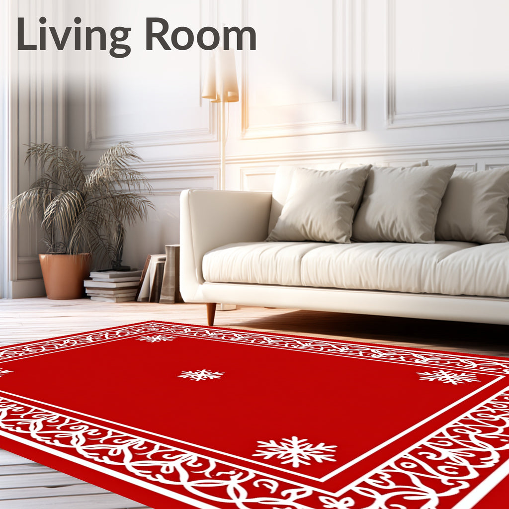 Crimson Red Snowflake Ornamental Border Rug