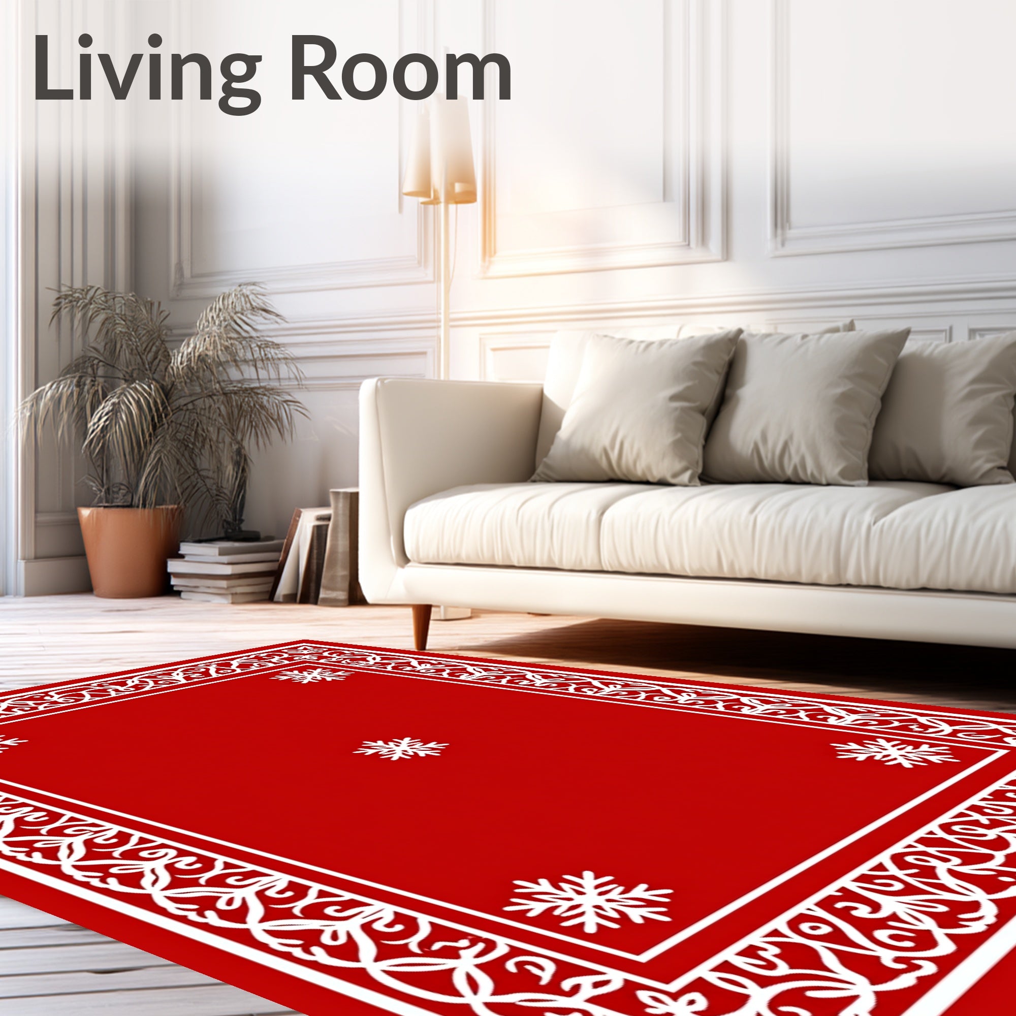 Crimson Red Snowflake Ornamental Border Rug