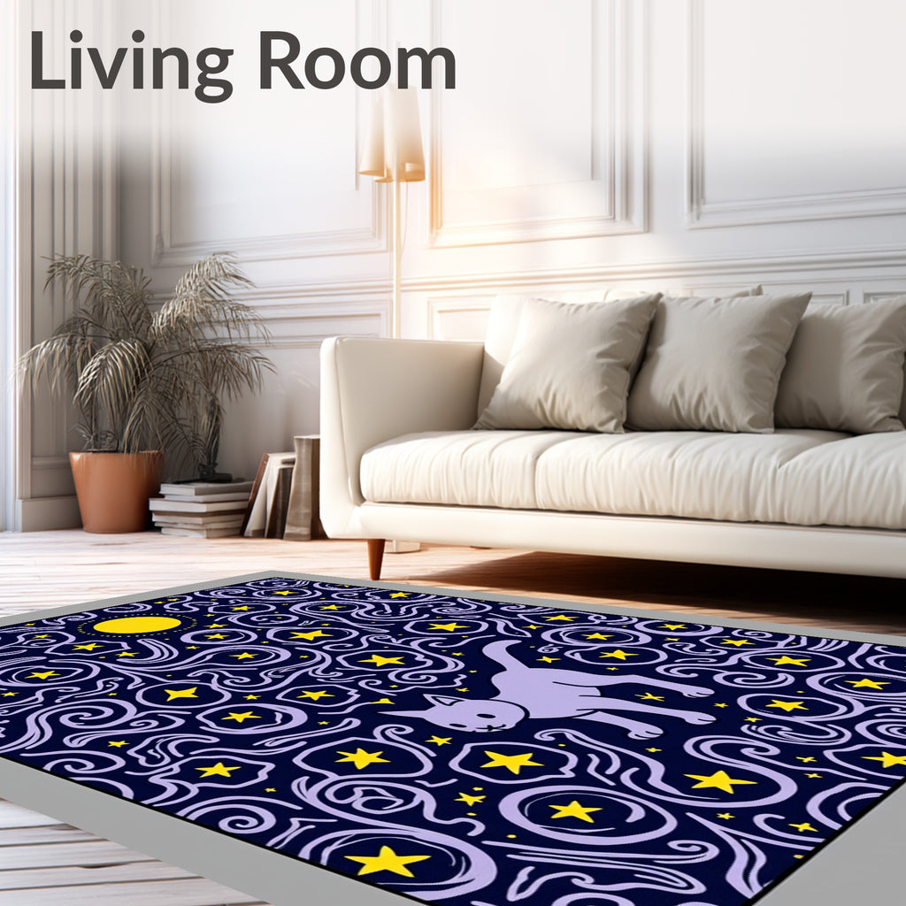 Lavender Cat Under Yellow Moon Stars Rug