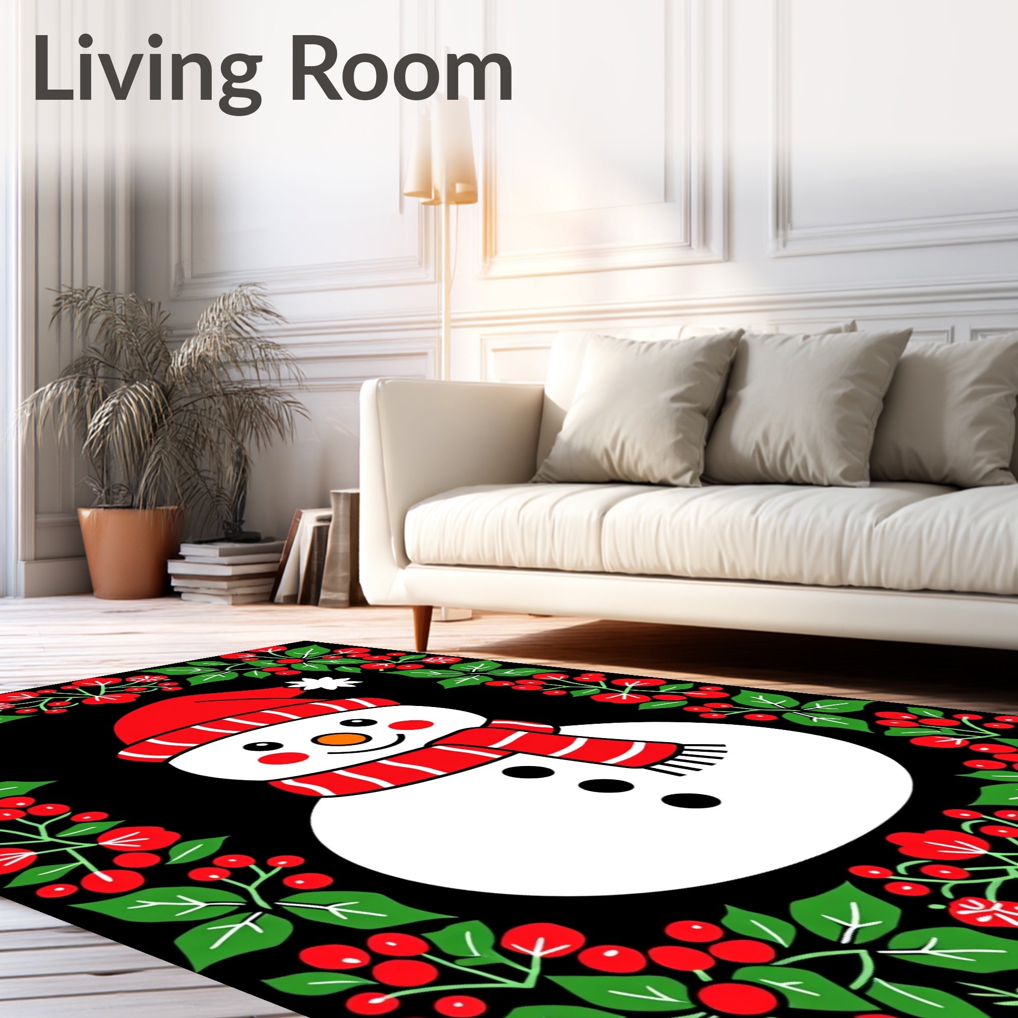 Festive Snowman with Red Holly Border Rug