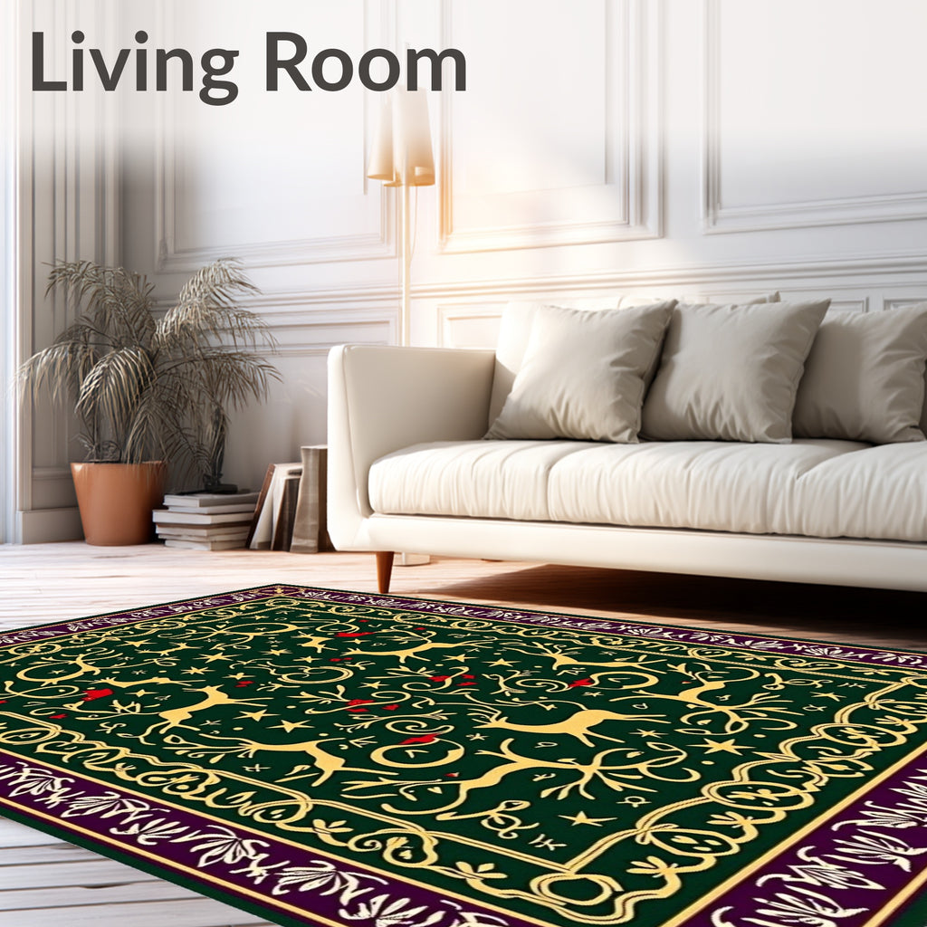 Green and Gold Stag Forest Border Rug