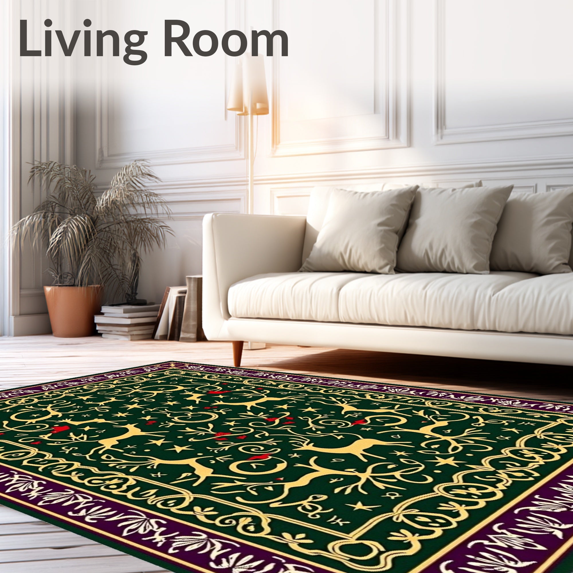 Green and Gold Stag Forest Border Rug