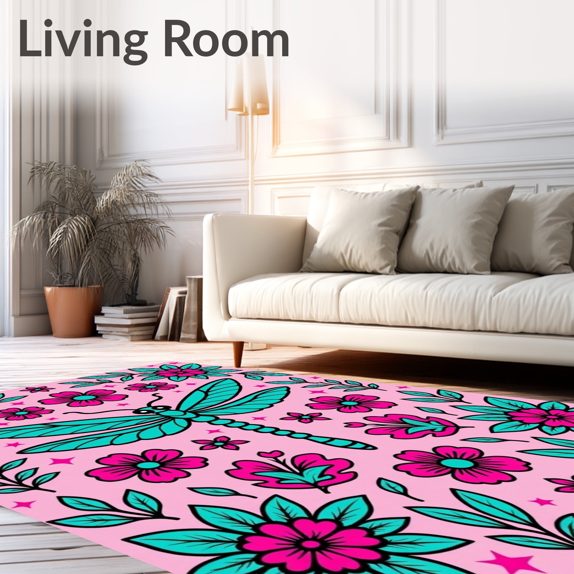 Pink Teal Dragonfly Floral Bloom Rug