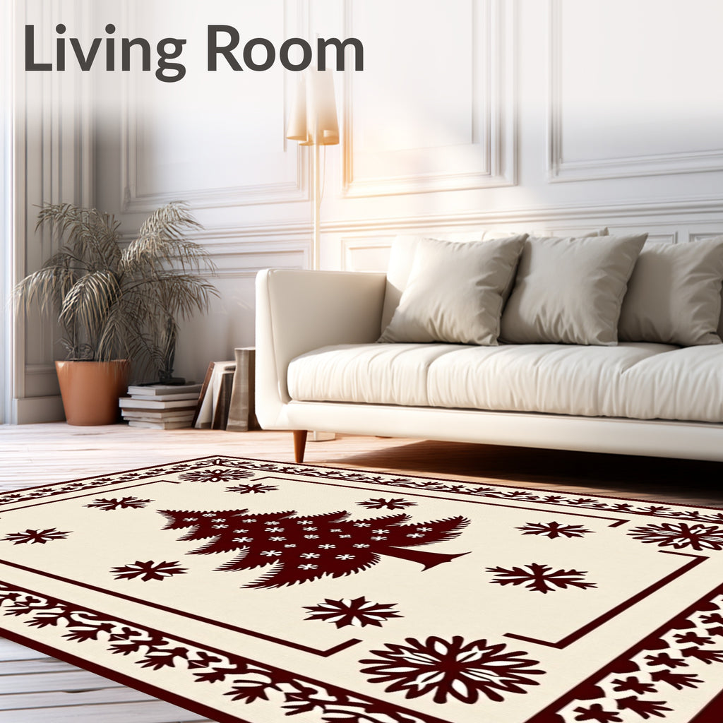 Crimson Christmas Tree Snowflake Border Rug