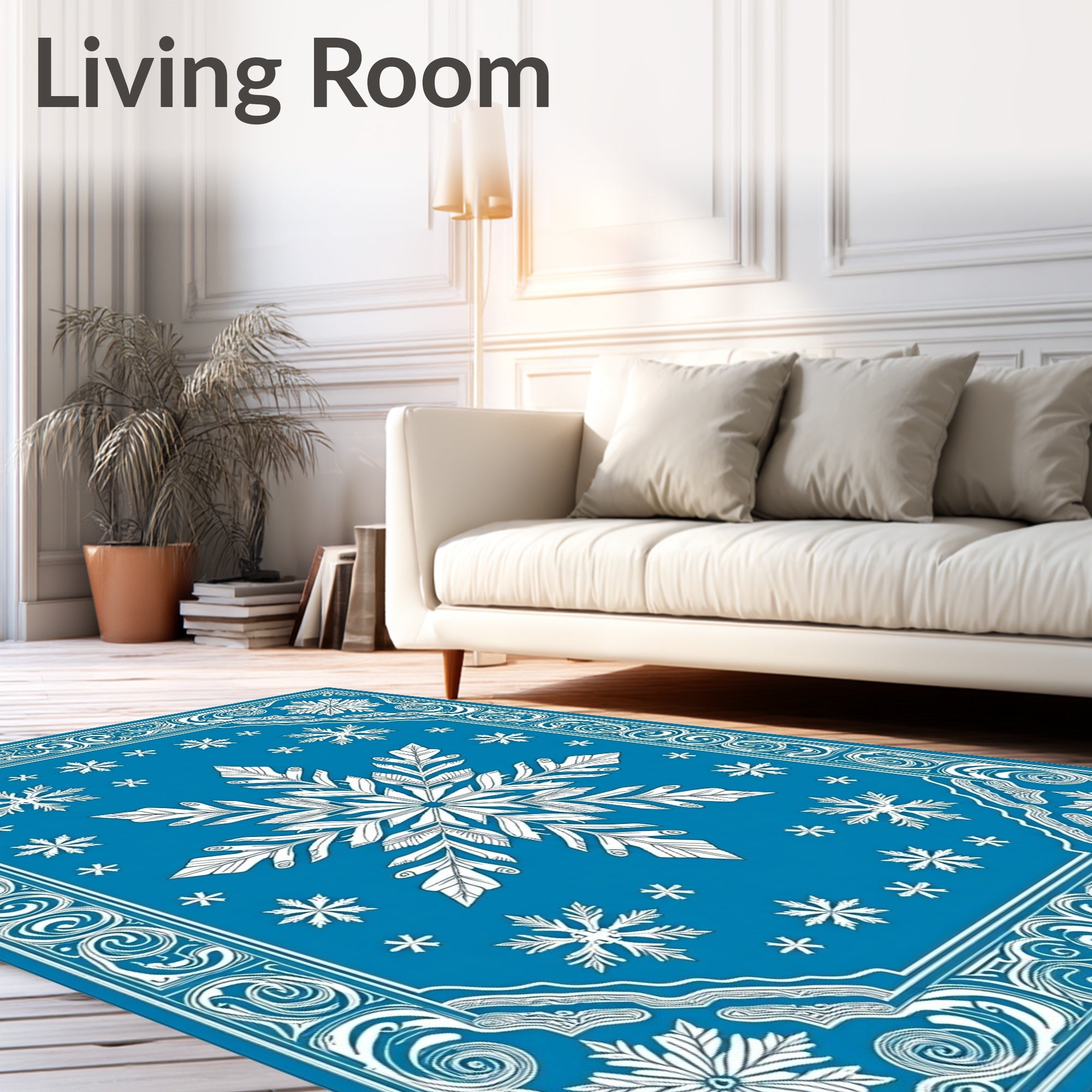 Vivid Blue Snowflake Winter Forest Rug