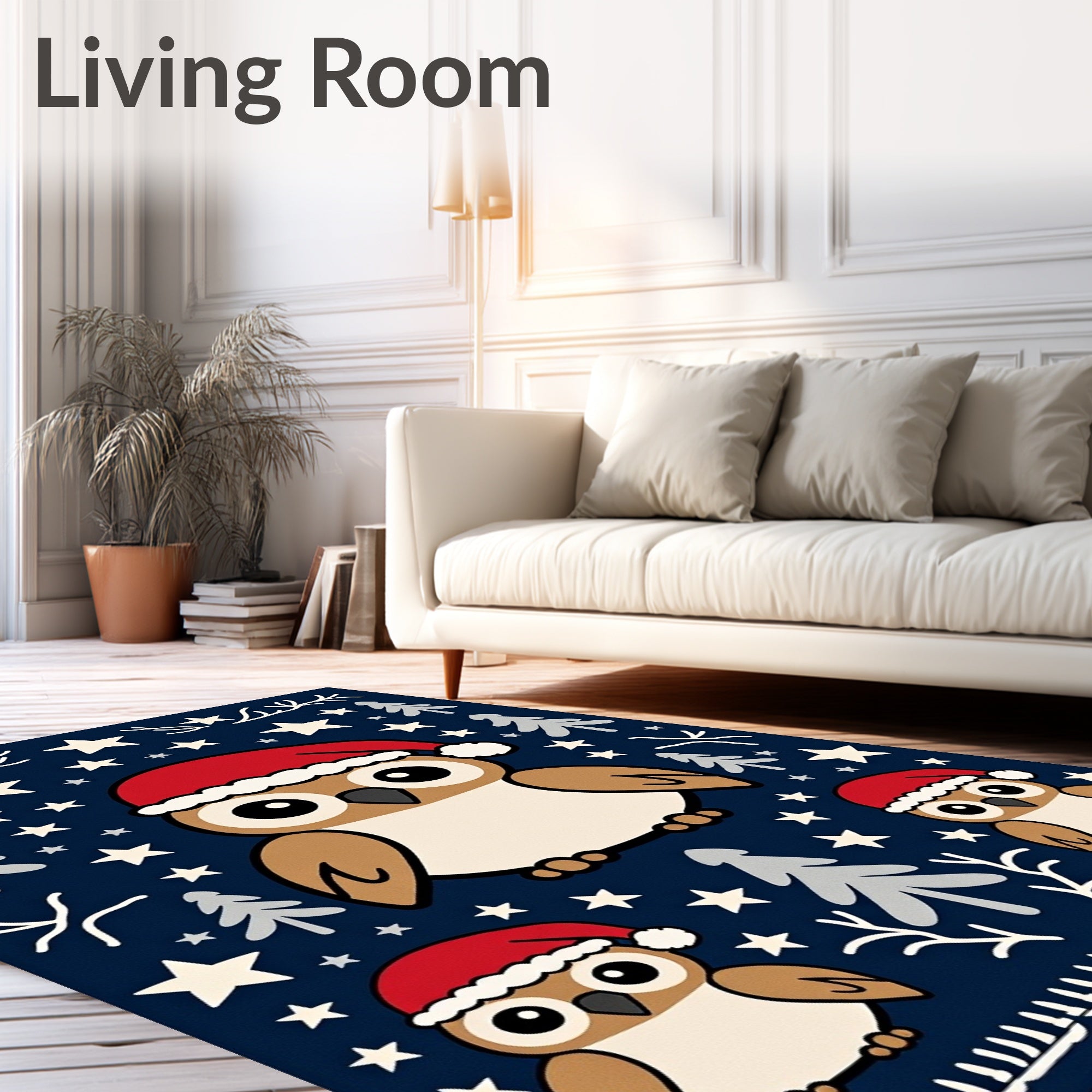 Festive Owls In Santa Hats Stars Rug