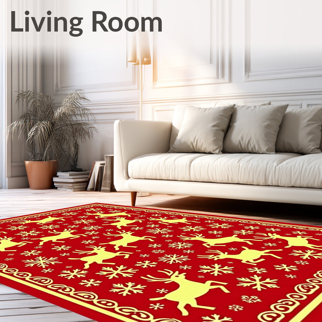 Red Yellow Elk Snowflakes Border Rug
