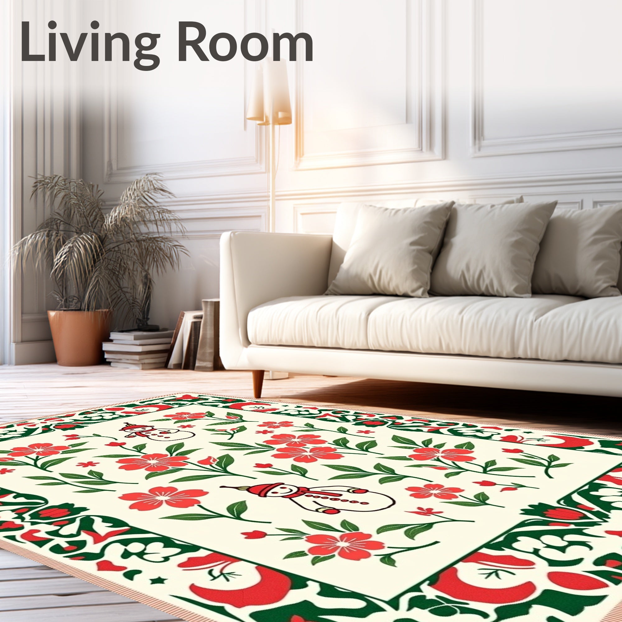 Festive Snowman Red Floral Border Rug