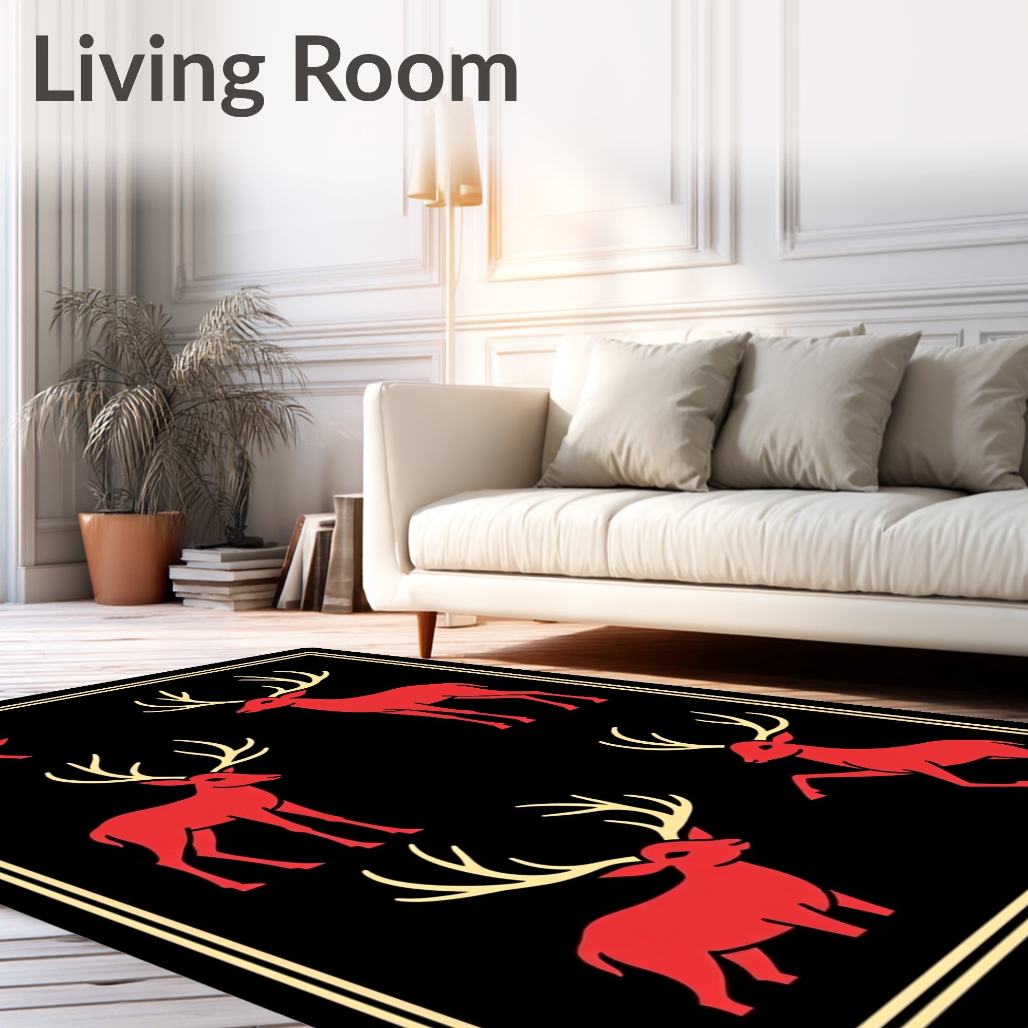 Bold Red Deer Silhouette Collage Rug