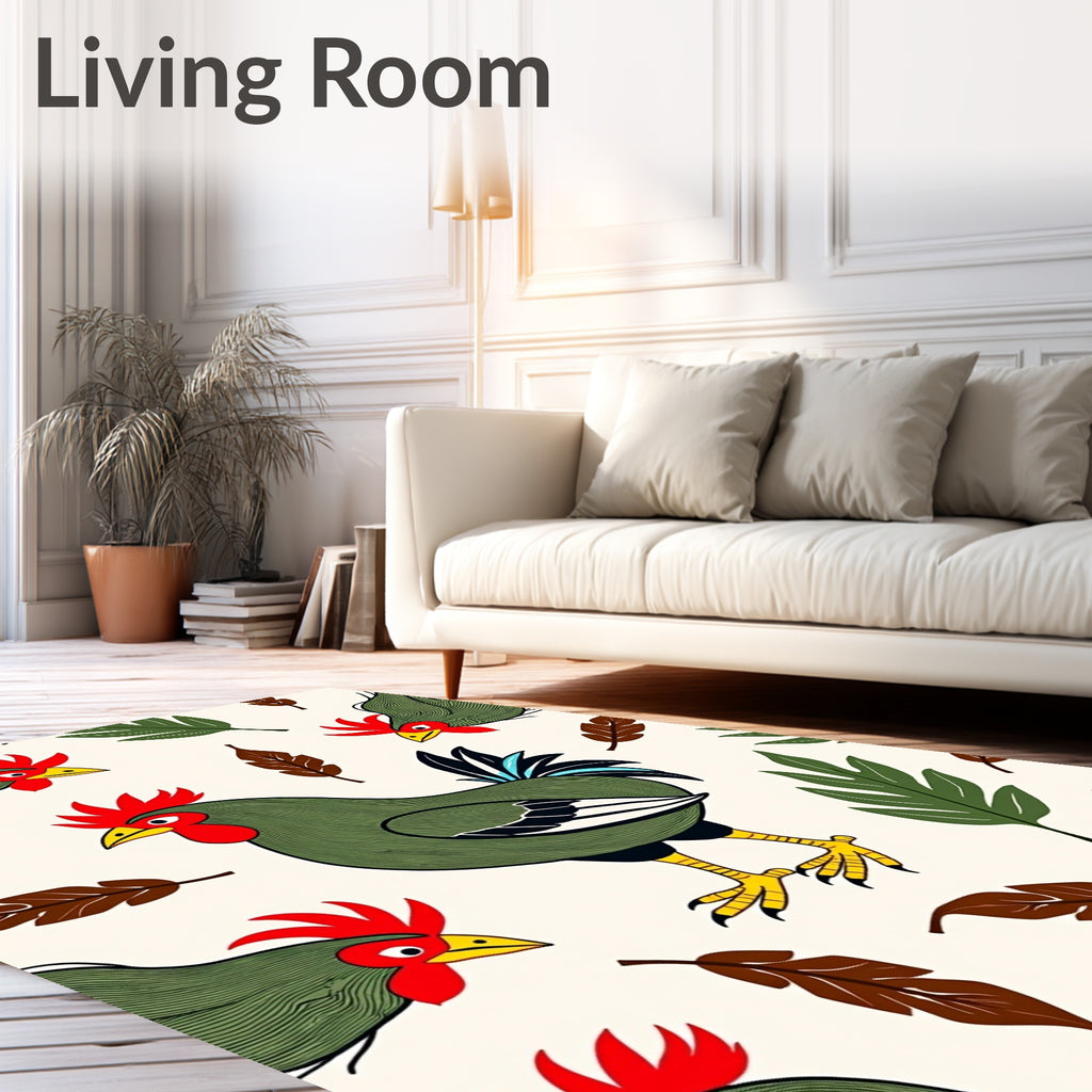 Green Roosters Red Feather Leaves Rug
