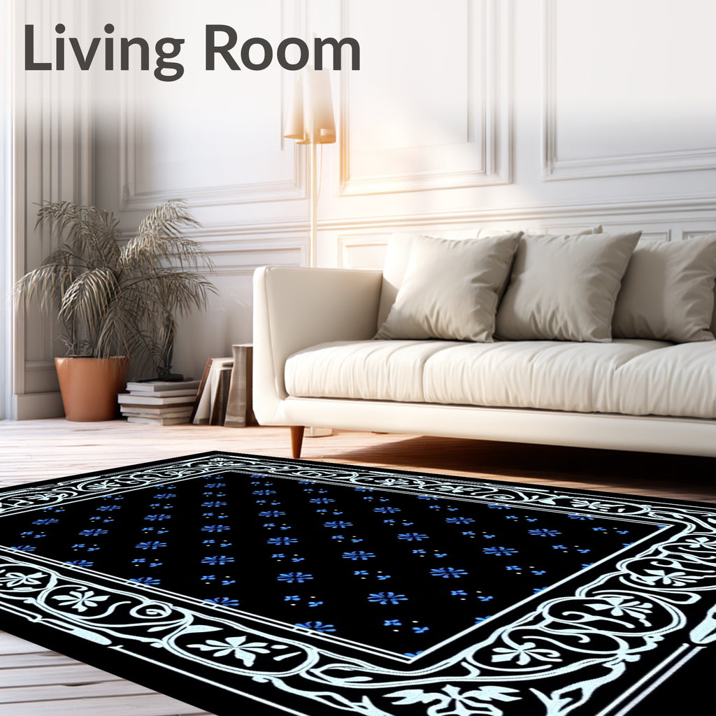 Art Nouveau Black Blue Floral Border Rug